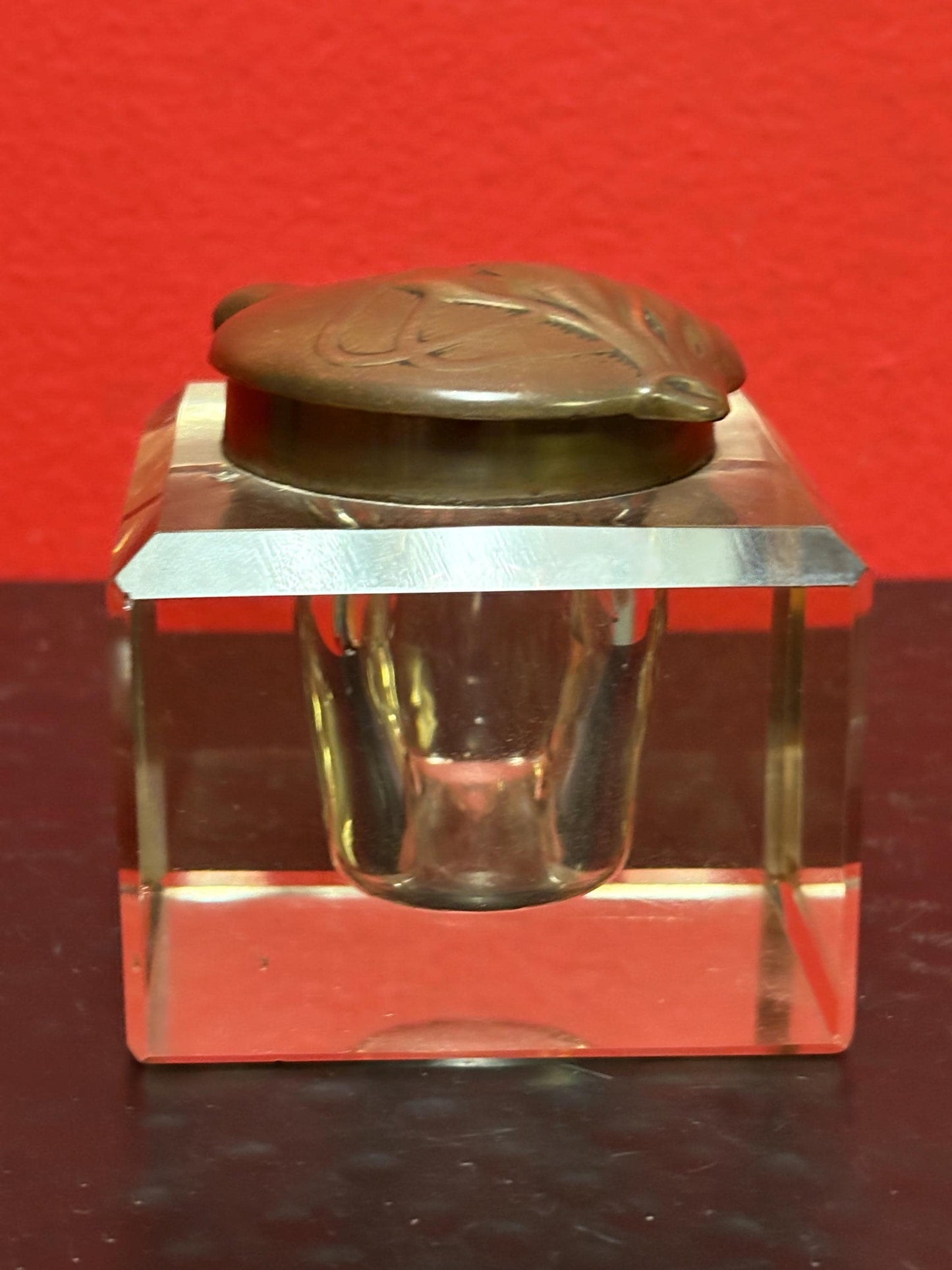 Beautiful 2 1/2 x 2 high bronze and crystal art nouveau inkwell in perfect condition