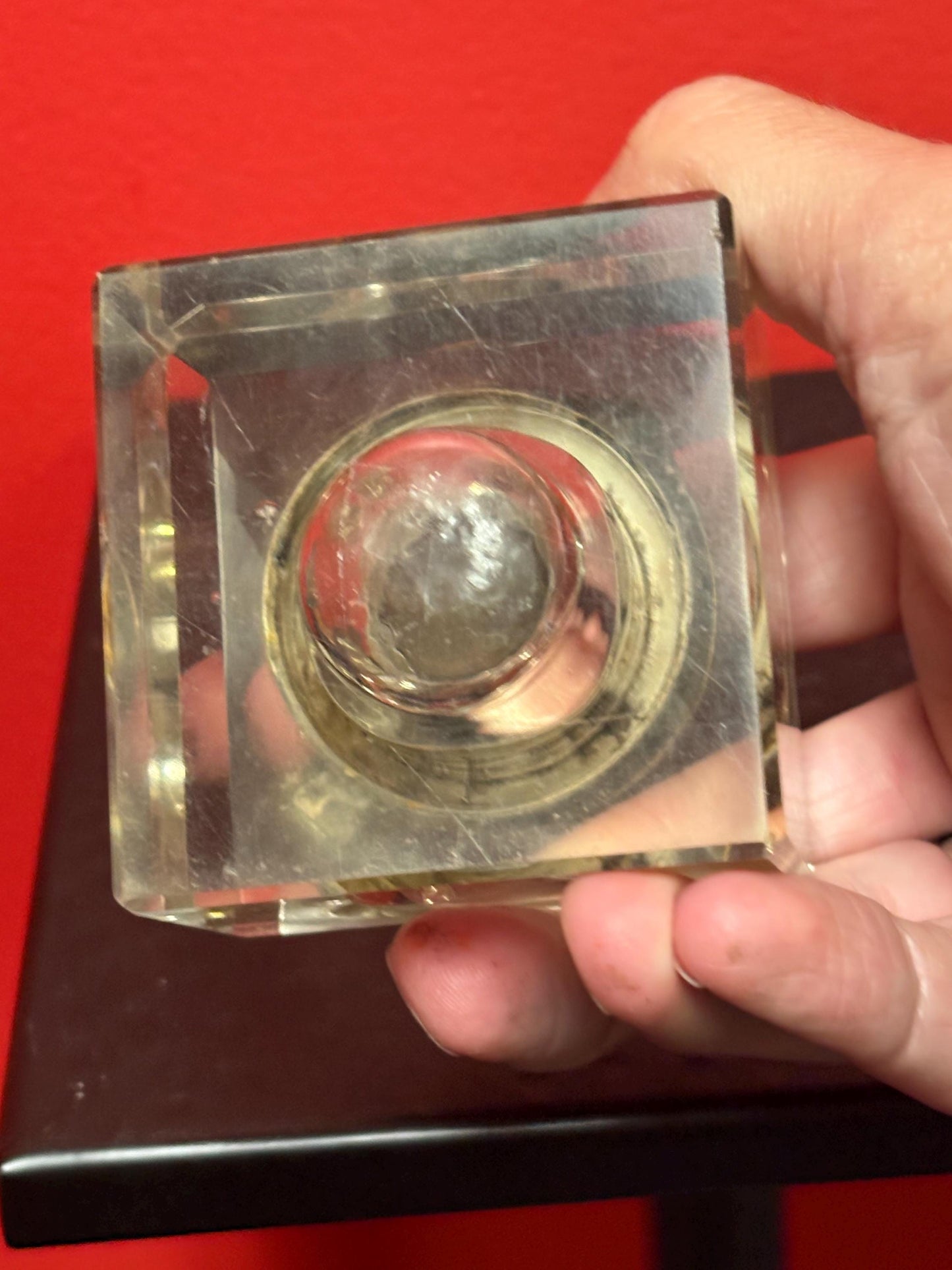 Beautiful 2 1/2 x 2 high bronze and crystal art nouveau inkwell in perfect condition