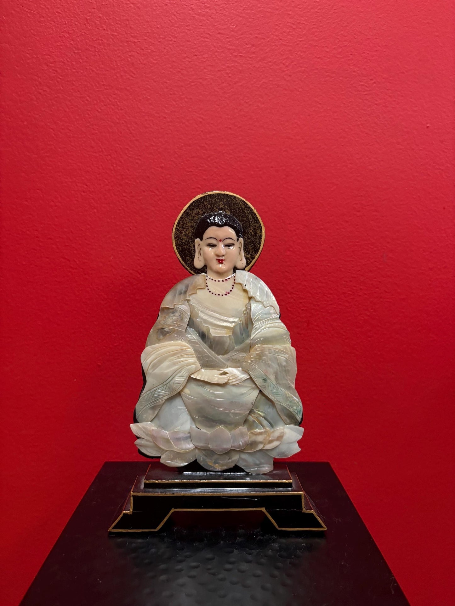 Stunning Chinese antique mother of pearl and lacquer statue of a Buddha unbelievable quality wonderful condition 9 x 5 wide