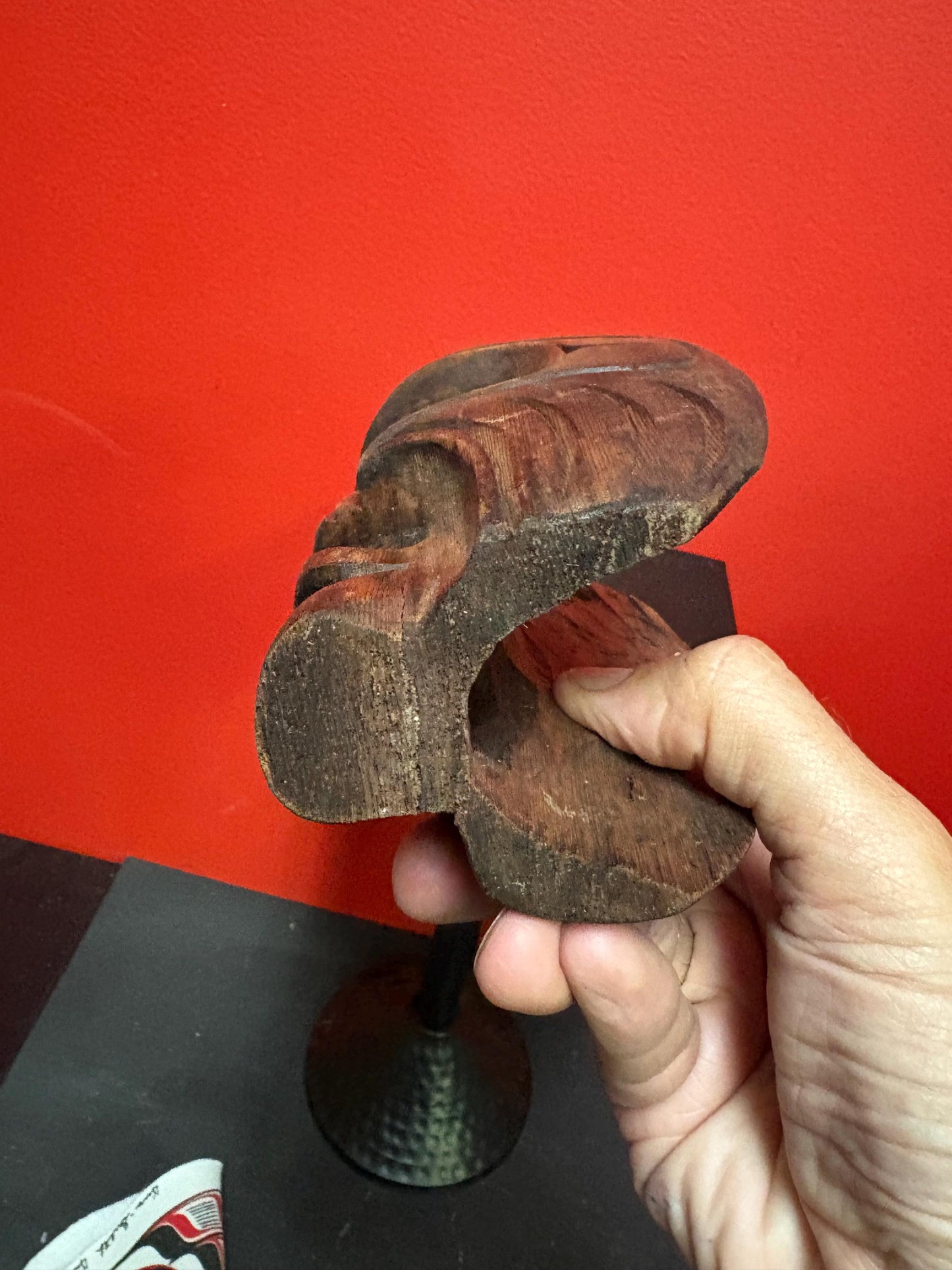 Beautiful indigenous first nations Pacific Northwest coast 6 inch tall and signed vintage cedar mask - great detail