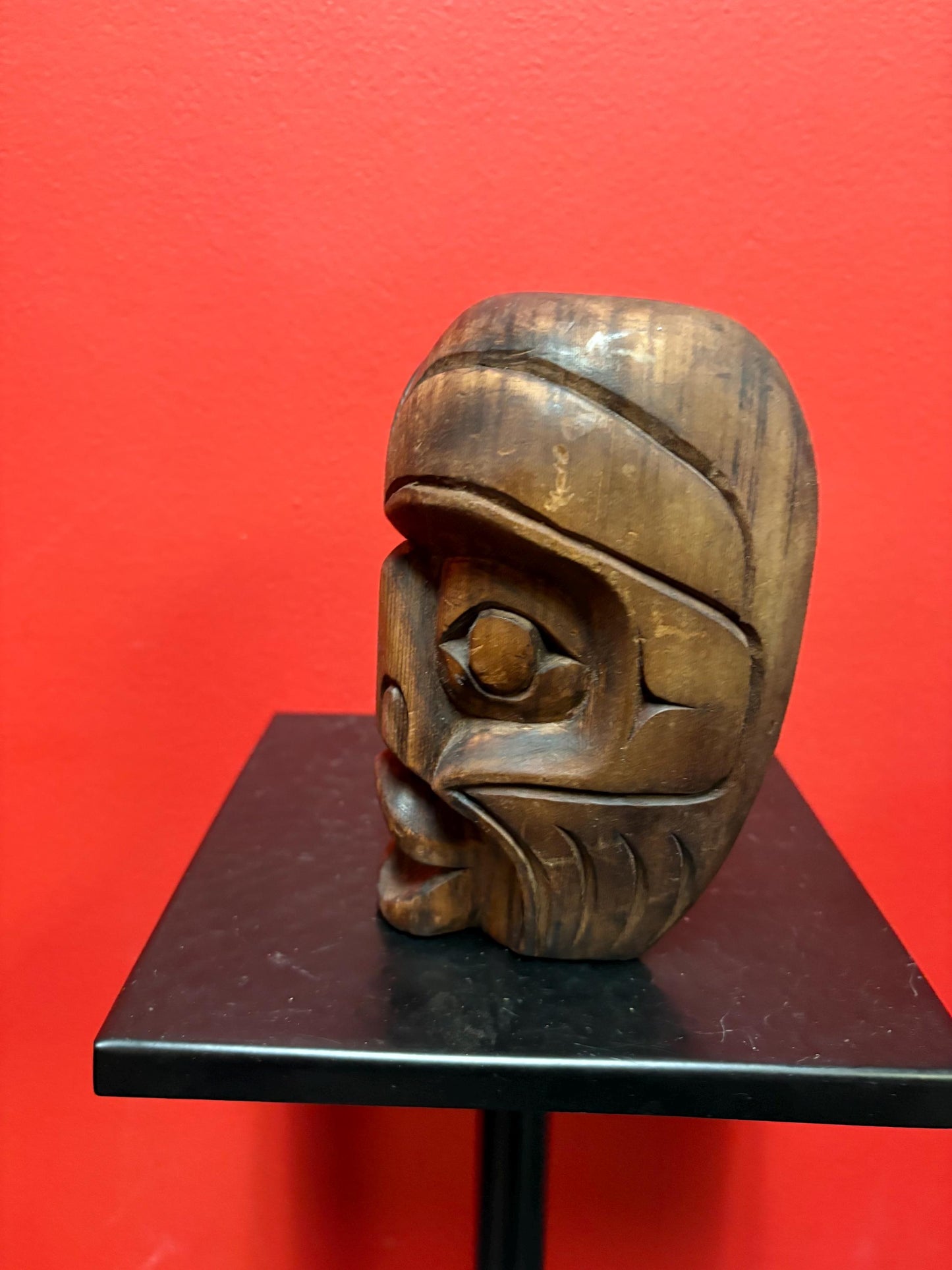Beautiful indigenous first nations Pacific Northwest coast 6 inch tall and signed vintage cedar mask - great detail