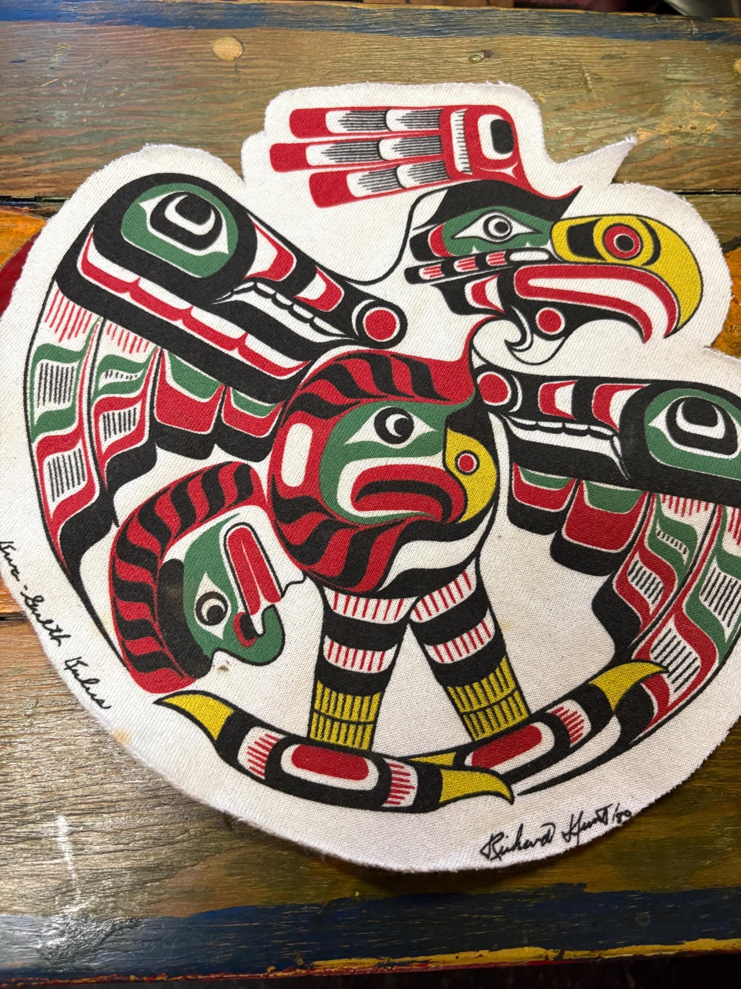 amazing indigenous first nations Pacific north West Coast signed Richard Hunt felt  patch  11 1/2 inches  wow