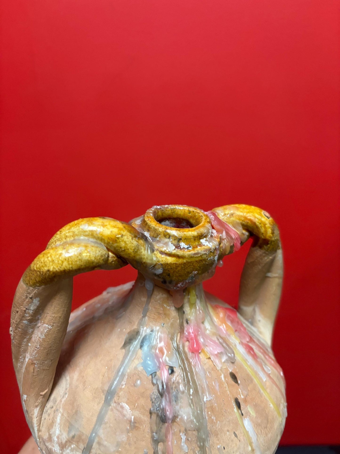 Beautiful 19 century 8 inch tall French terra-cotta vase with age old candle wax amazing decoration great value