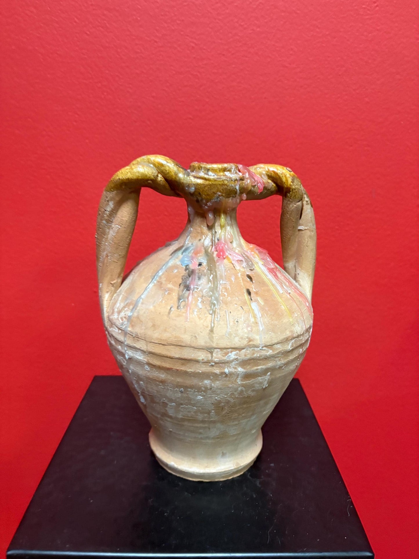 Beautiful 19 century 8 inch tall French terra-cotta vase with age old candle wax amazing decoration great value