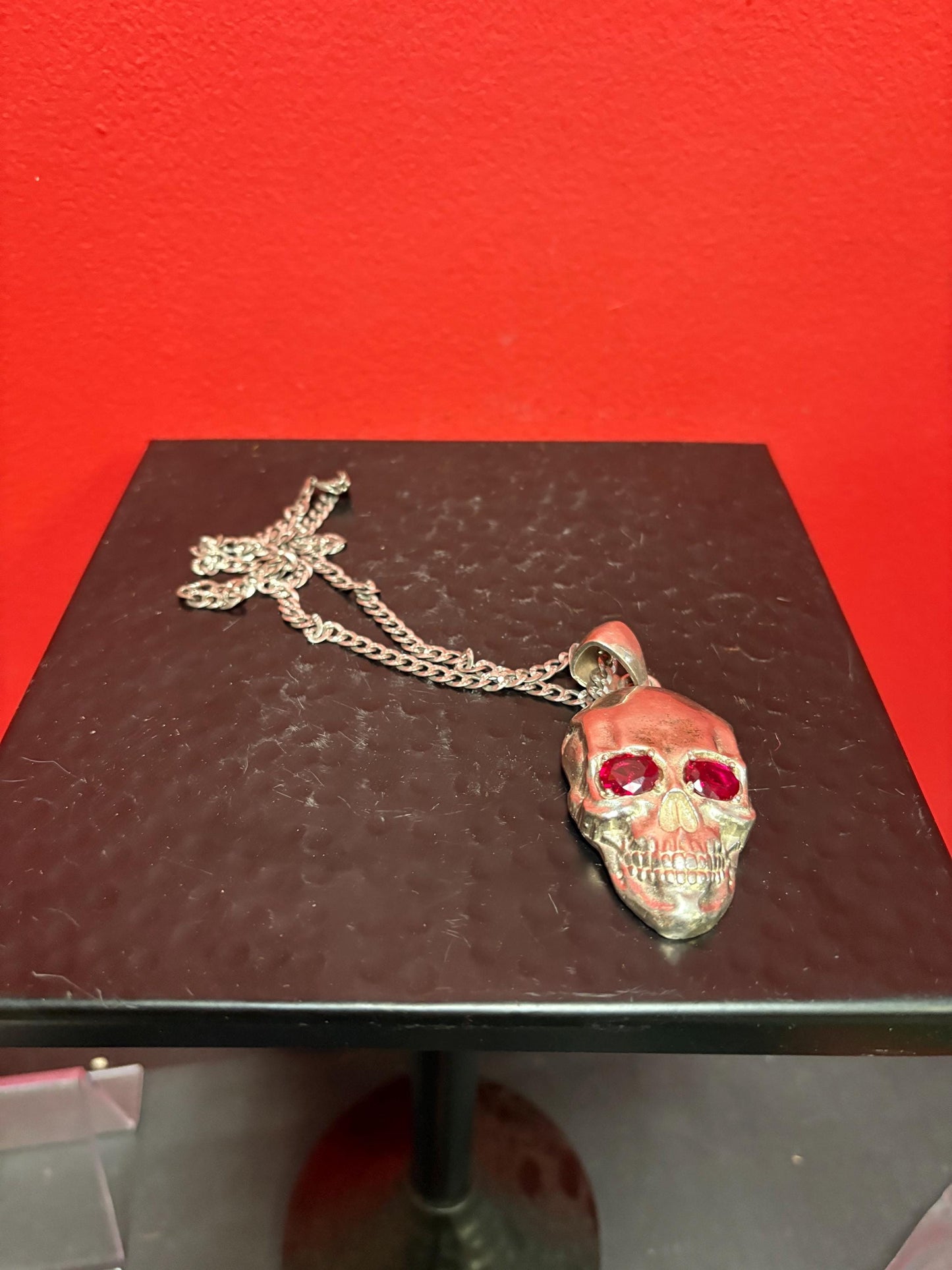 Super amazing heavy stamped 925 Sterling silver 3 inch skull pendant with Ruby style eyes and approximately 23 inch long sterling necklace -
