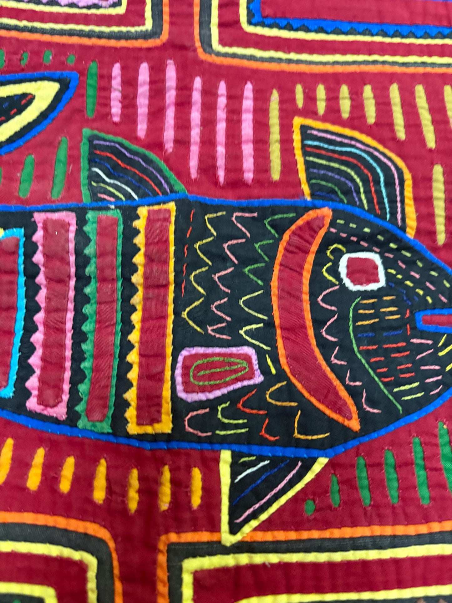 Beautiful central American 16 x 13 inch embroidered MOLA textile of a fish — ready to hang or frame - great gift — great value