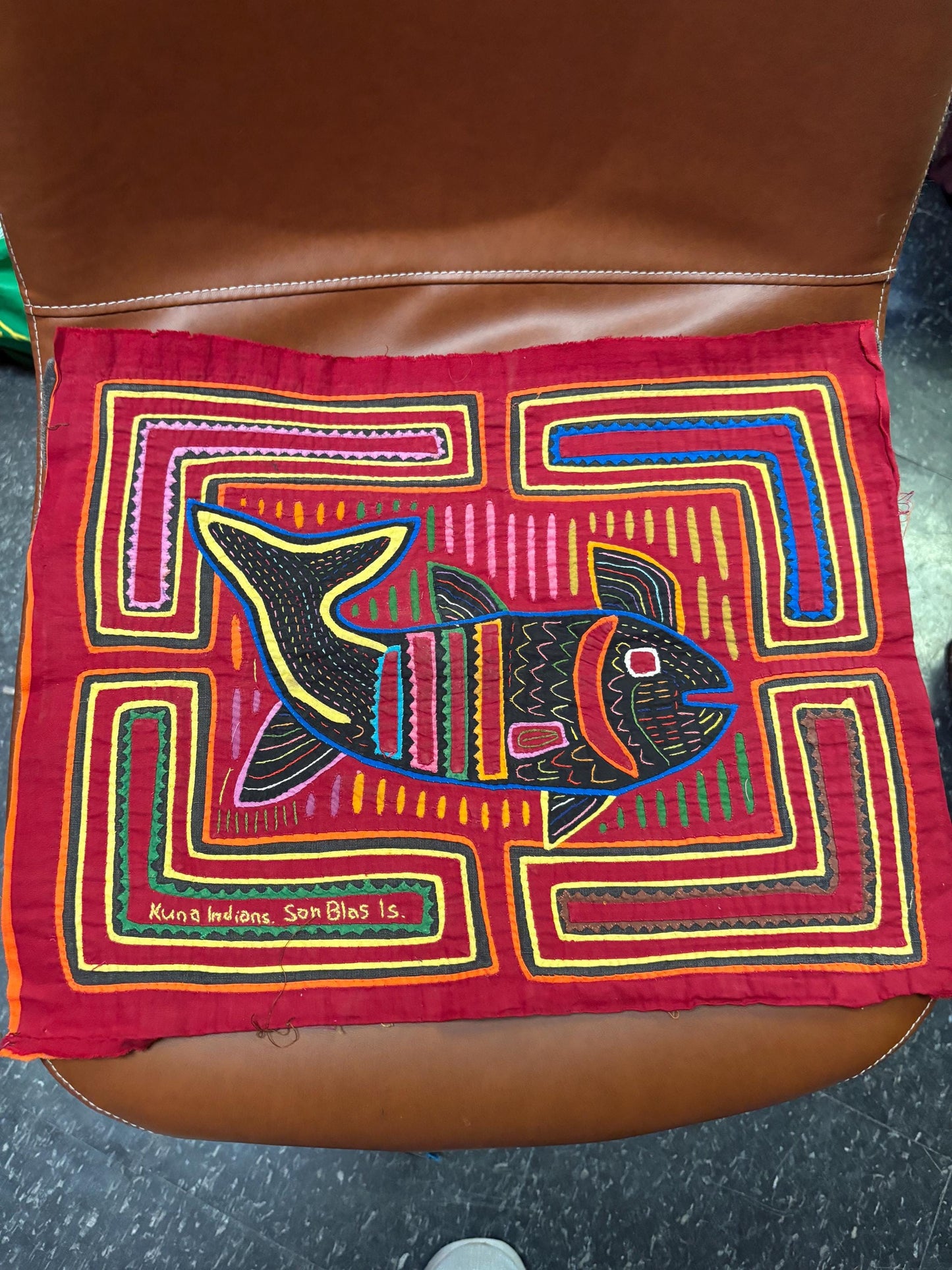 Beautiful central American 16 x 13 inch embroidered MOLA textile of a fish — ready to hang or frame - great gift — great value