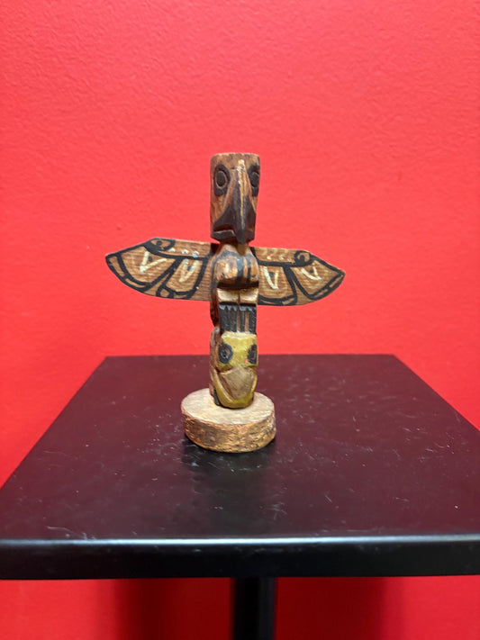 very  beautiful very old 5 inch tall polychrome painted totem pole  — unsigned — wow detail-