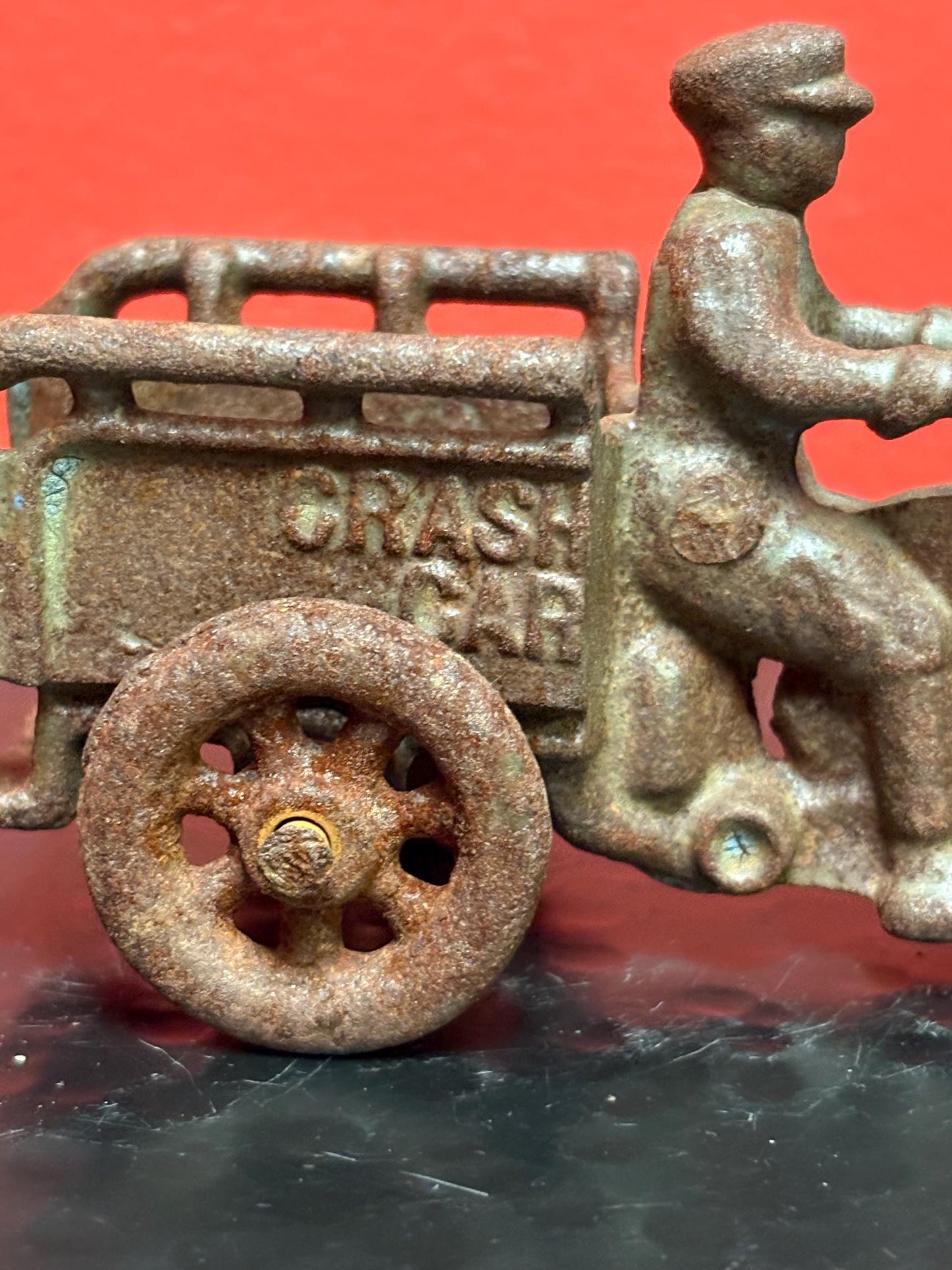 Lovely antique hubley cast iron crash car rare 5 by 3 inches high amazing patina and detail - wow