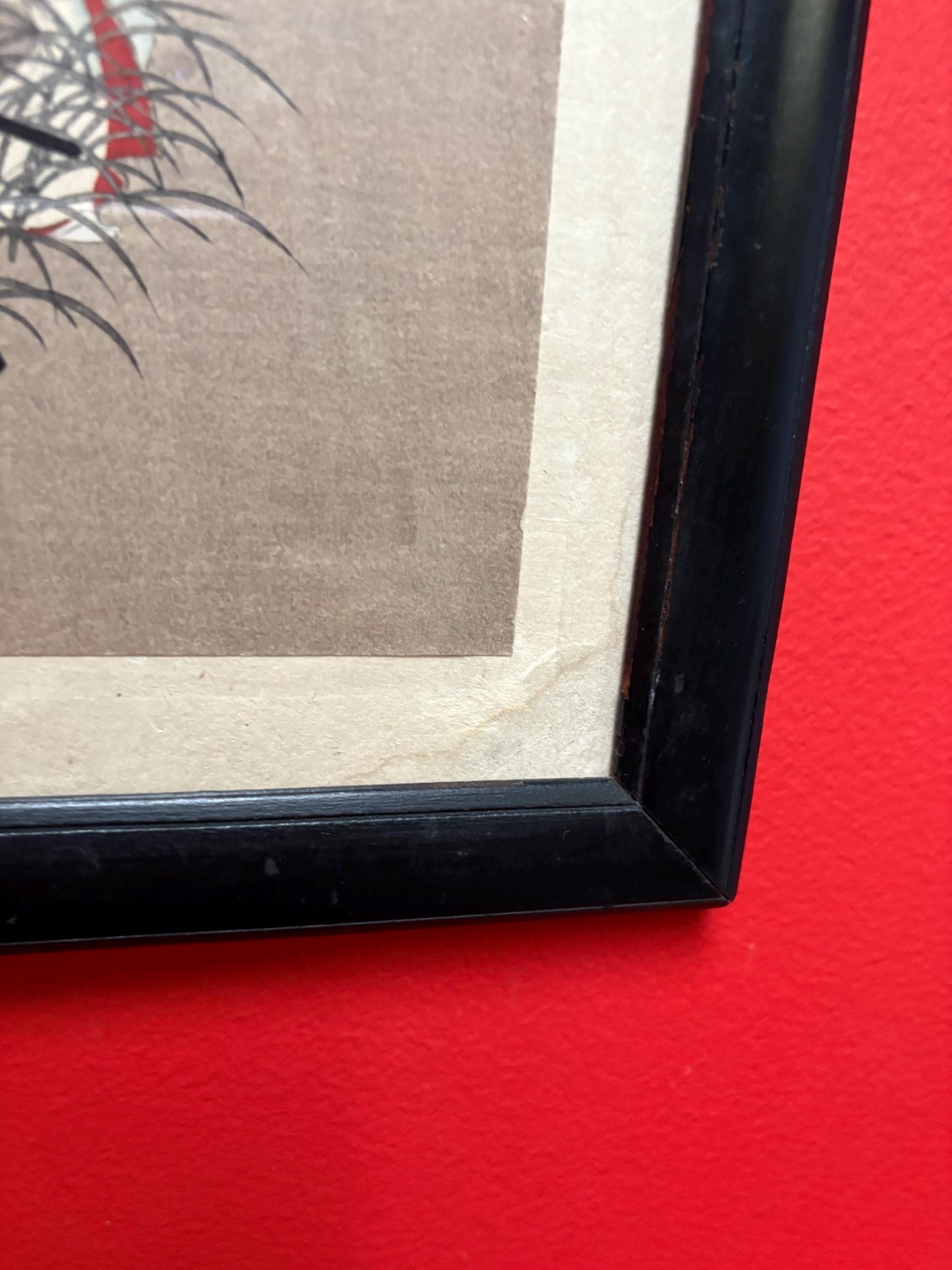 Stunning 19 century signed Japanese painting on linen in lovely frame - 15 x 11 wide  wonderful imagery