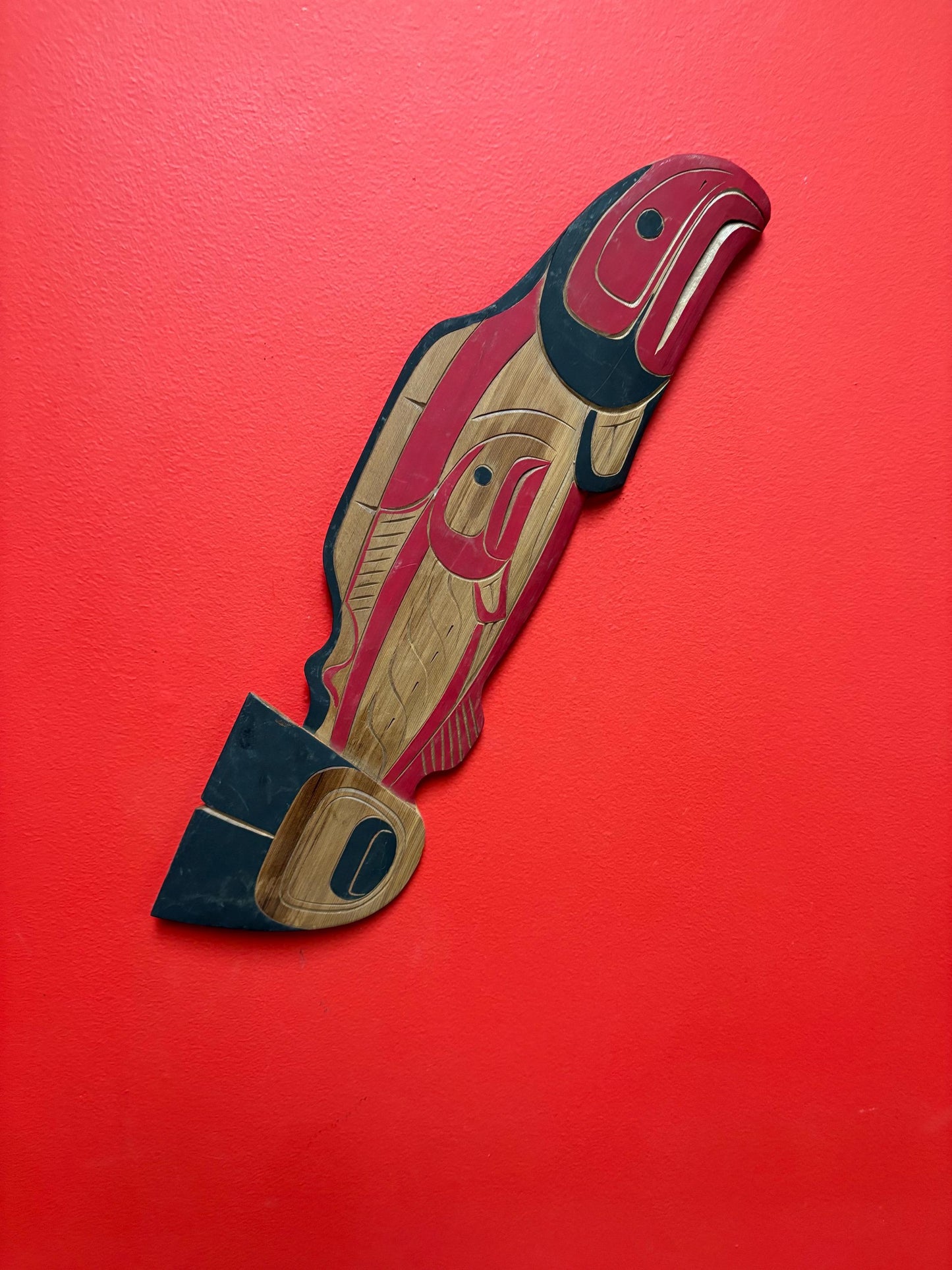 Stunning indigenous first nations pacific West Coast 18 x 5 high Pacific salmon by Tyrone Joseph great detail and imagery wow