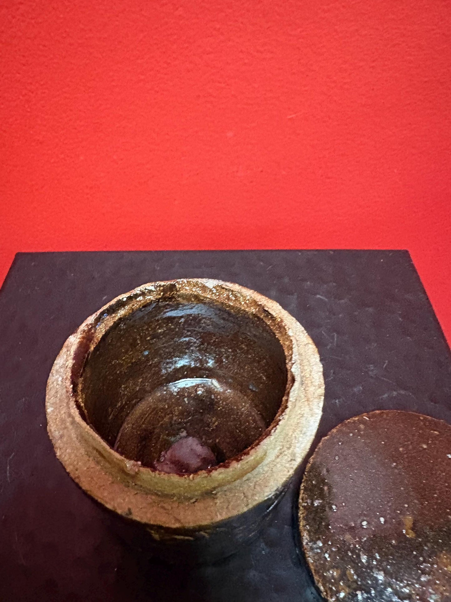 Absolutely beautiful museum quality rare  pre  1800 Chinese soy glazed clay pot with lid  fabulous condition and intense beauty