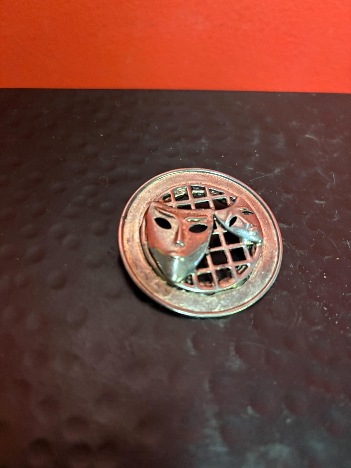 Beautiful 2 inch silver plated drama mask brooch  wonderful gift and good value