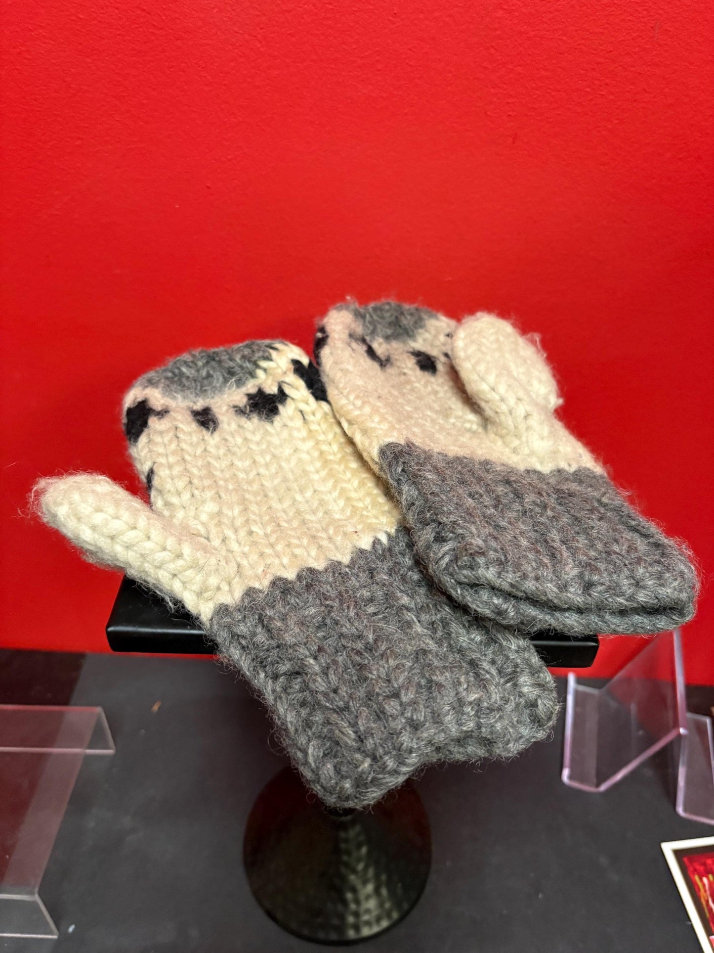 Canadian indigenous Cowichan wool handmade mittens — 10 inches long — good for big hand — need a little cleaning— good value