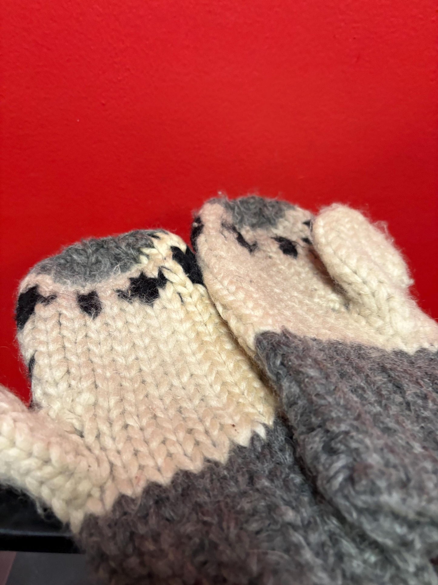 Canadian indigenous Cowichan wool handmade mittens — 10 inches long — good for big hand — need a little cleaning— good value