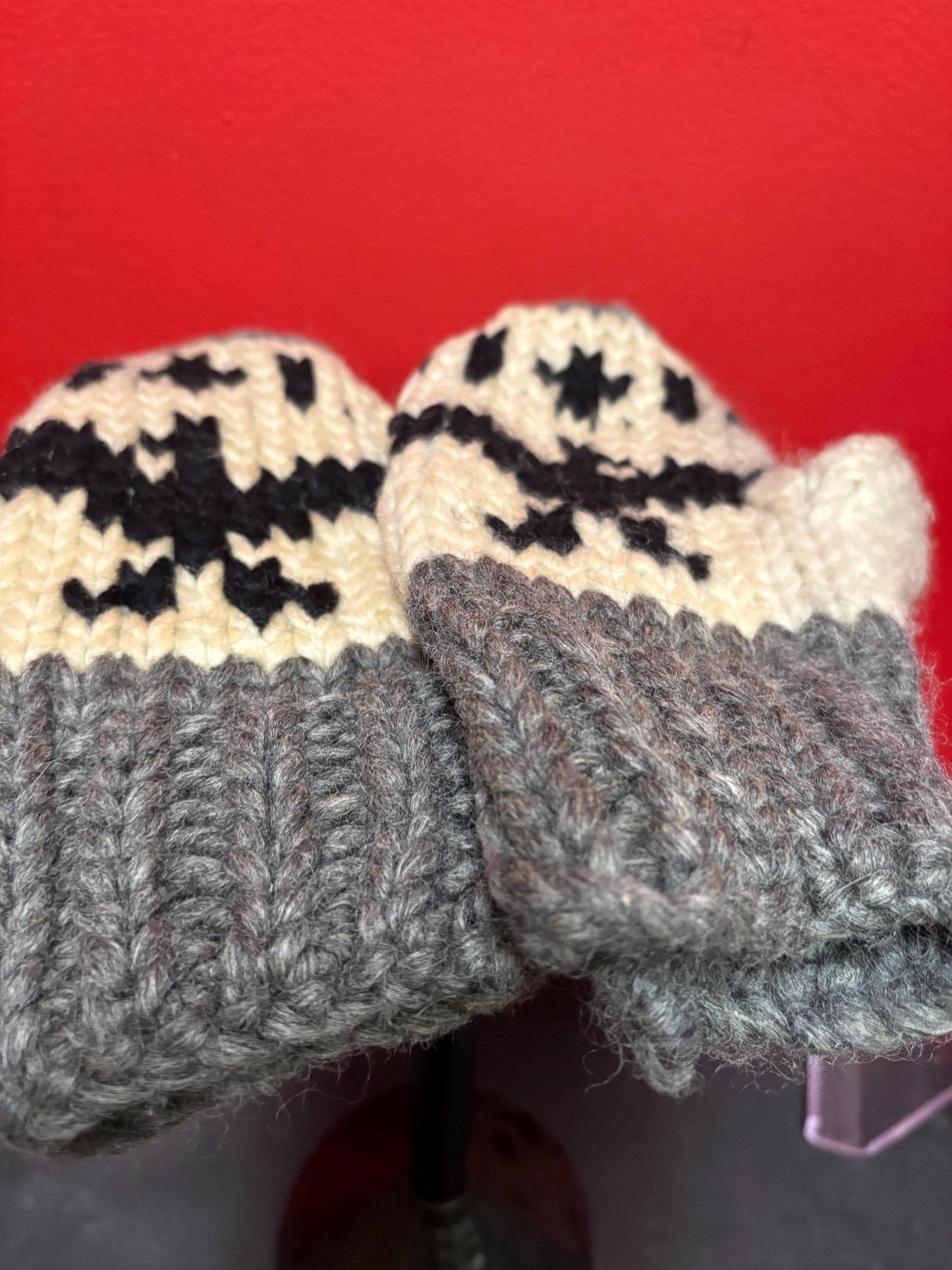 Canadian indigenous Cowichan wool handmade mittens — 10 inches long — good for big hand — need a little cleaning— good value