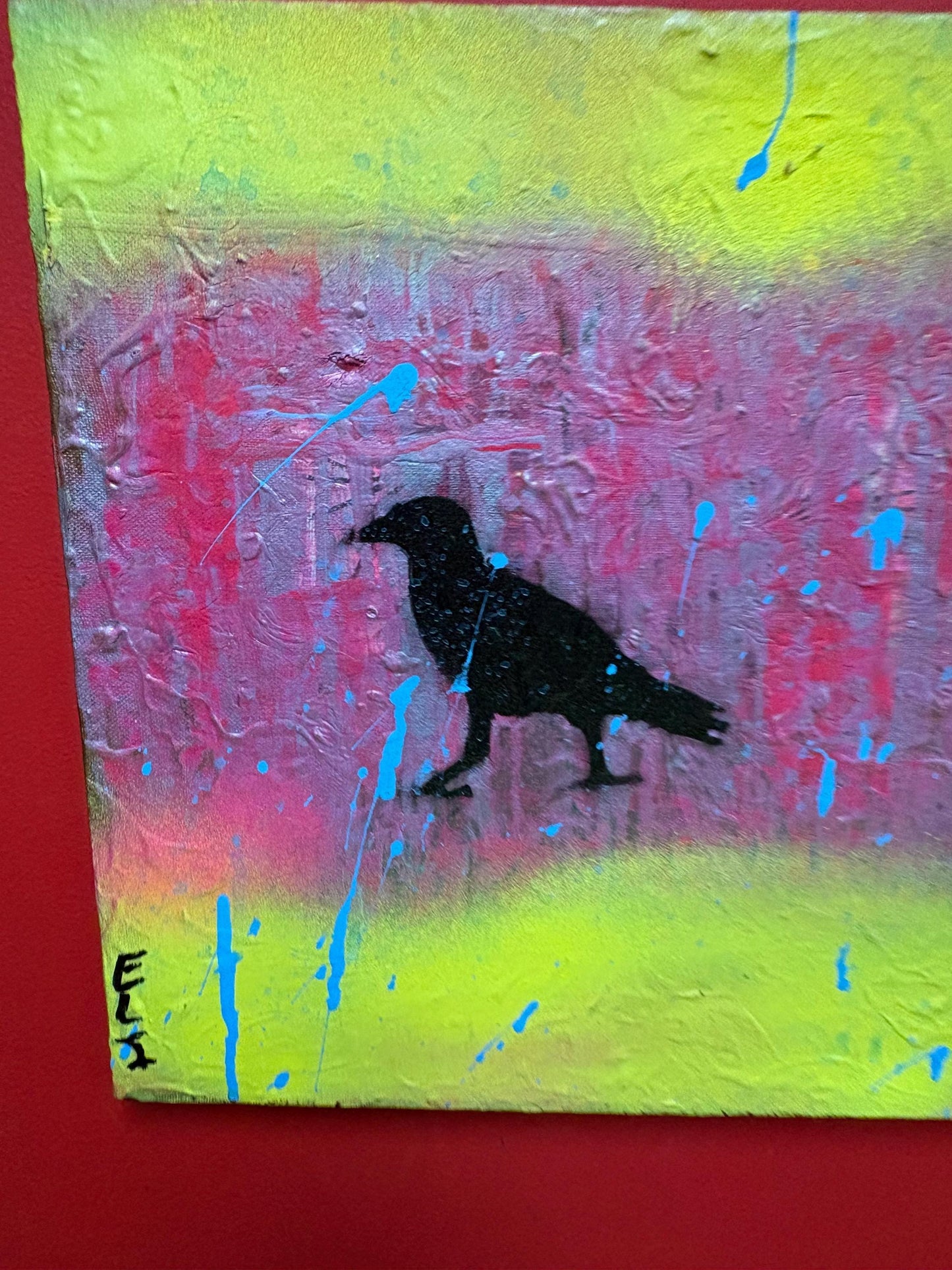 Beautiful original mixed media acrylic painting by visually impaired Canadian artist Eli St. John  18 x 14 inches - crows -