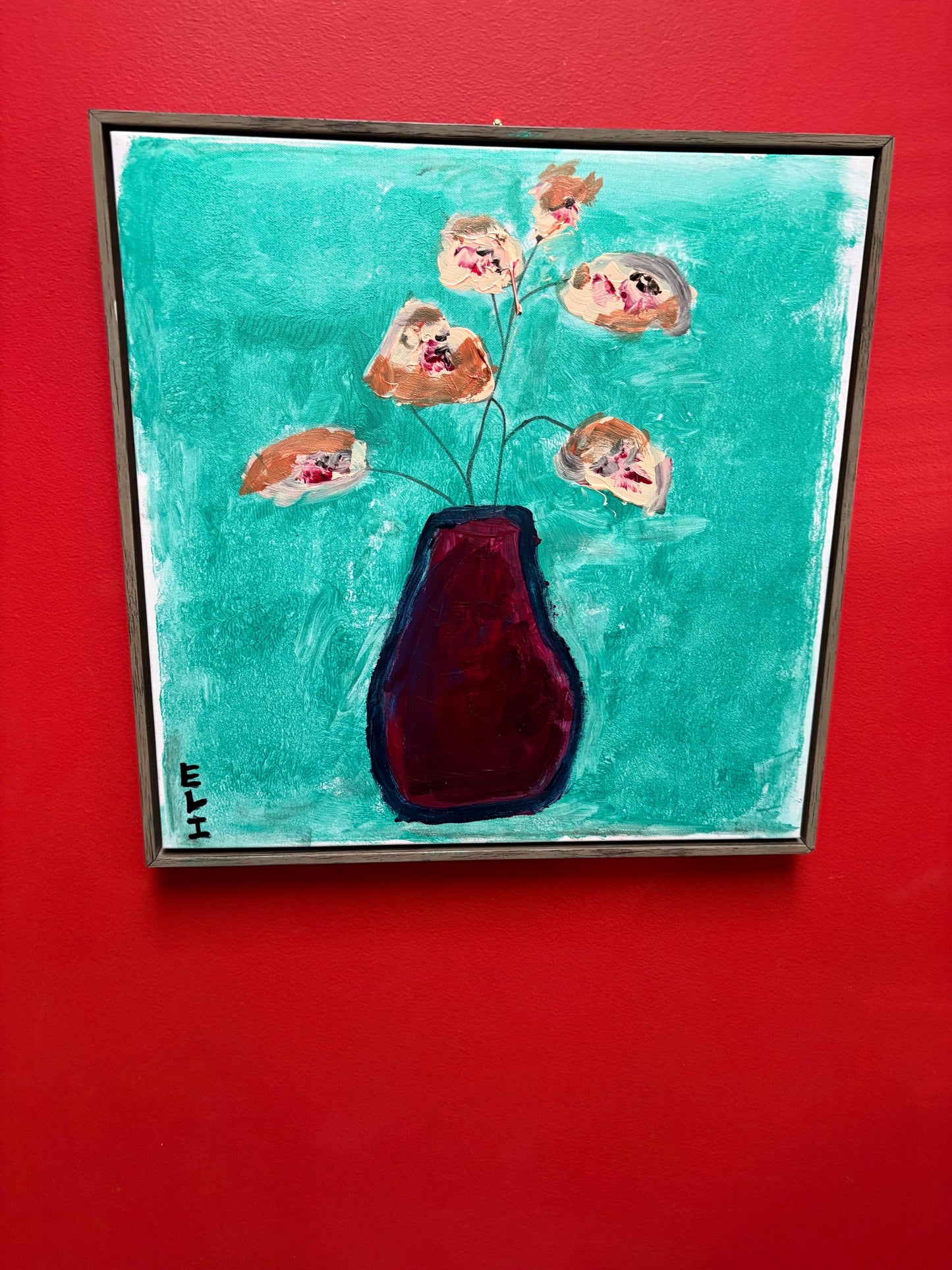 Beautiful original mixed media acrylic painting by visually impaired Canadian artist Eli St. John  17 x 17 inches - wow   flowers