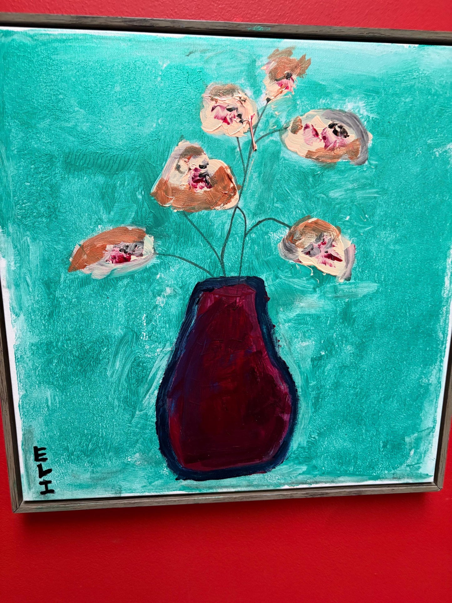 Beautiful original mixed media acrylic painting by visually impaired Canadian artist Eli St. John  17 x 17 inches - wow   flowers