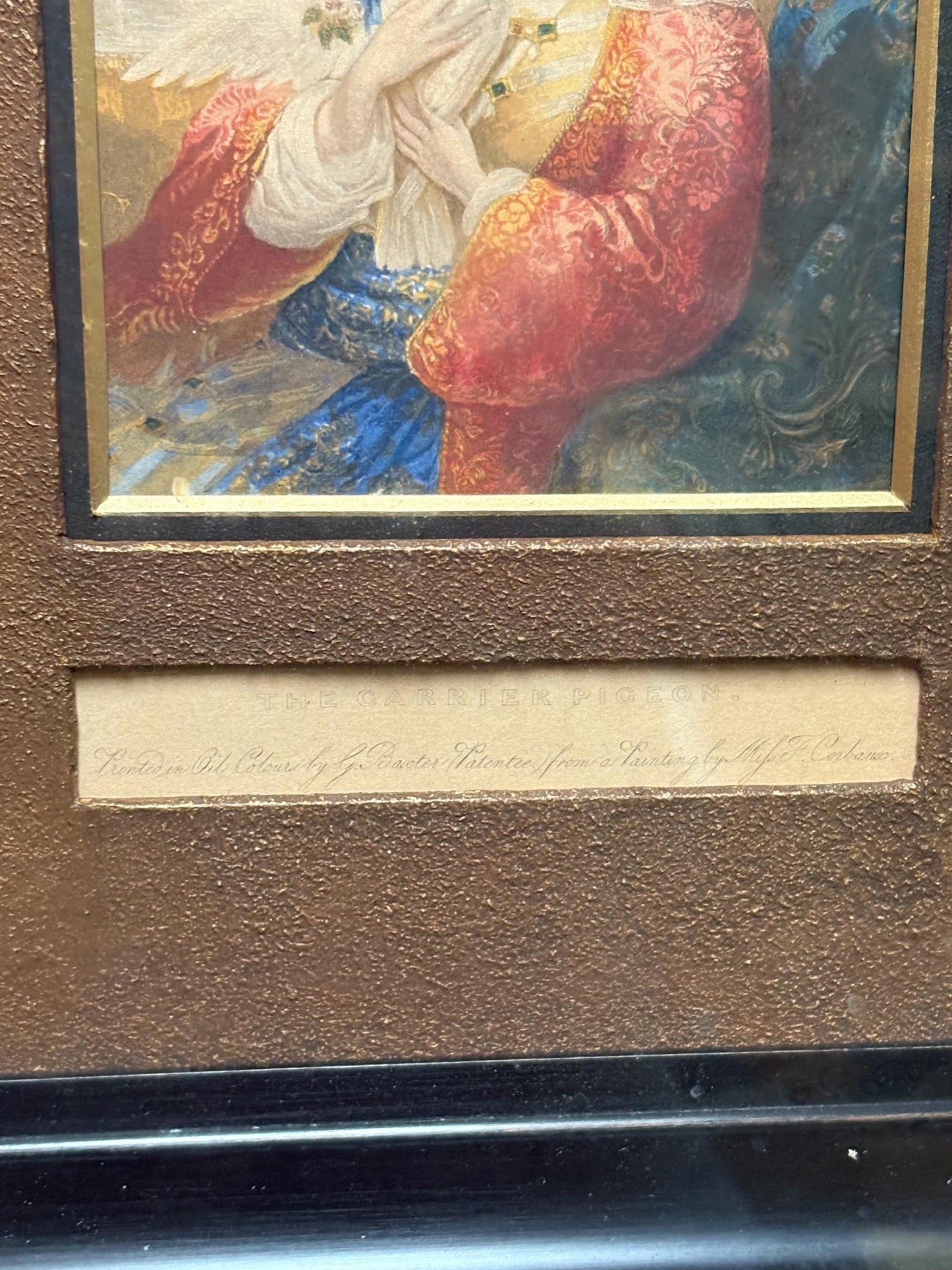 Amazing 19 century 14 x 10 baxter print in beautiful frame with information on back  the pigeon carrier  great condition and amazing valu