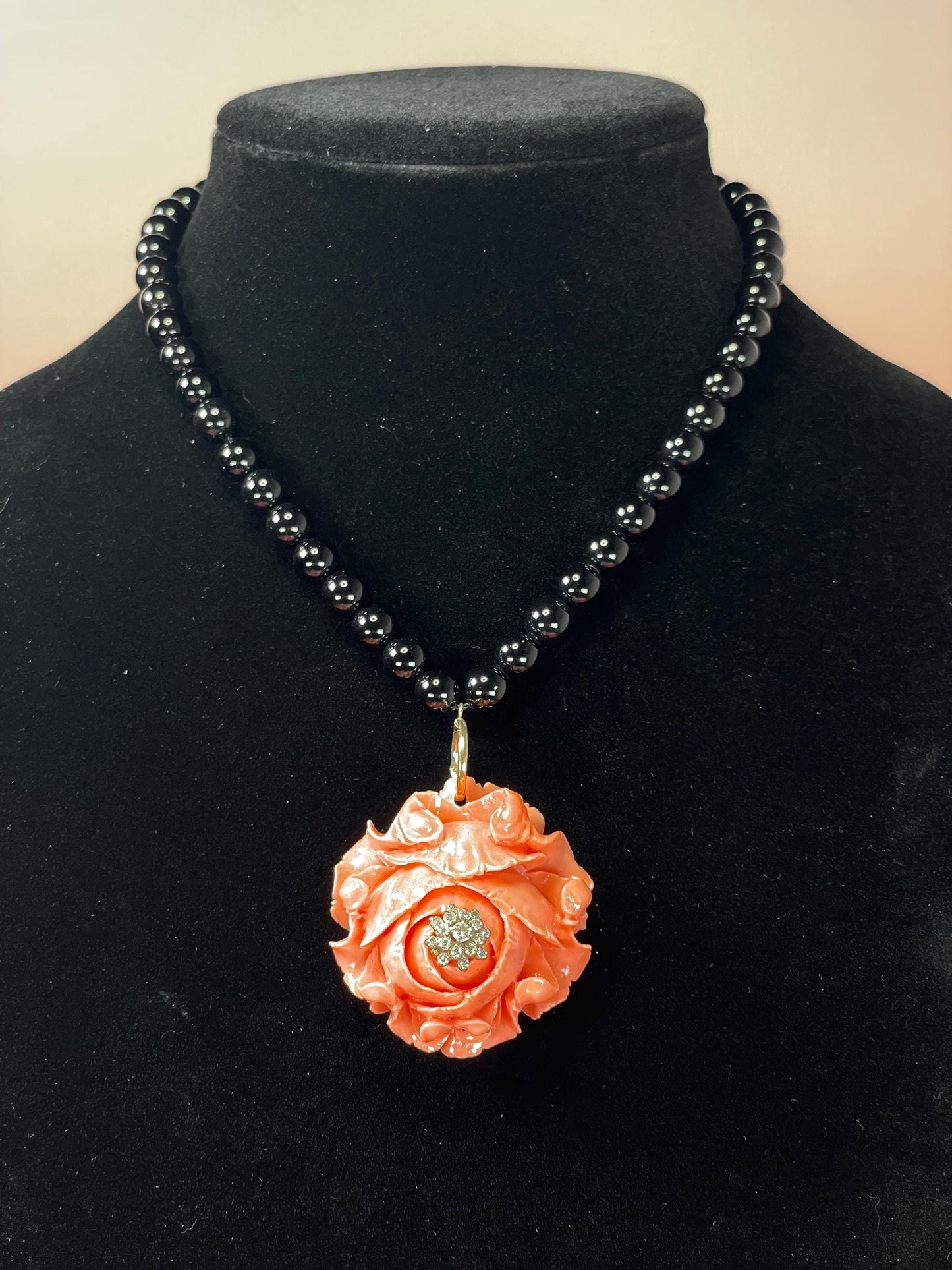 16 inch Black Glass Bead Necklace with Coral Floral Pendant  Bold Statement Necklace