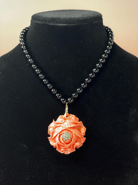 16 inch Black Glass Bead Necklace with Coral Floral Pendant  Bold Statement Necklace