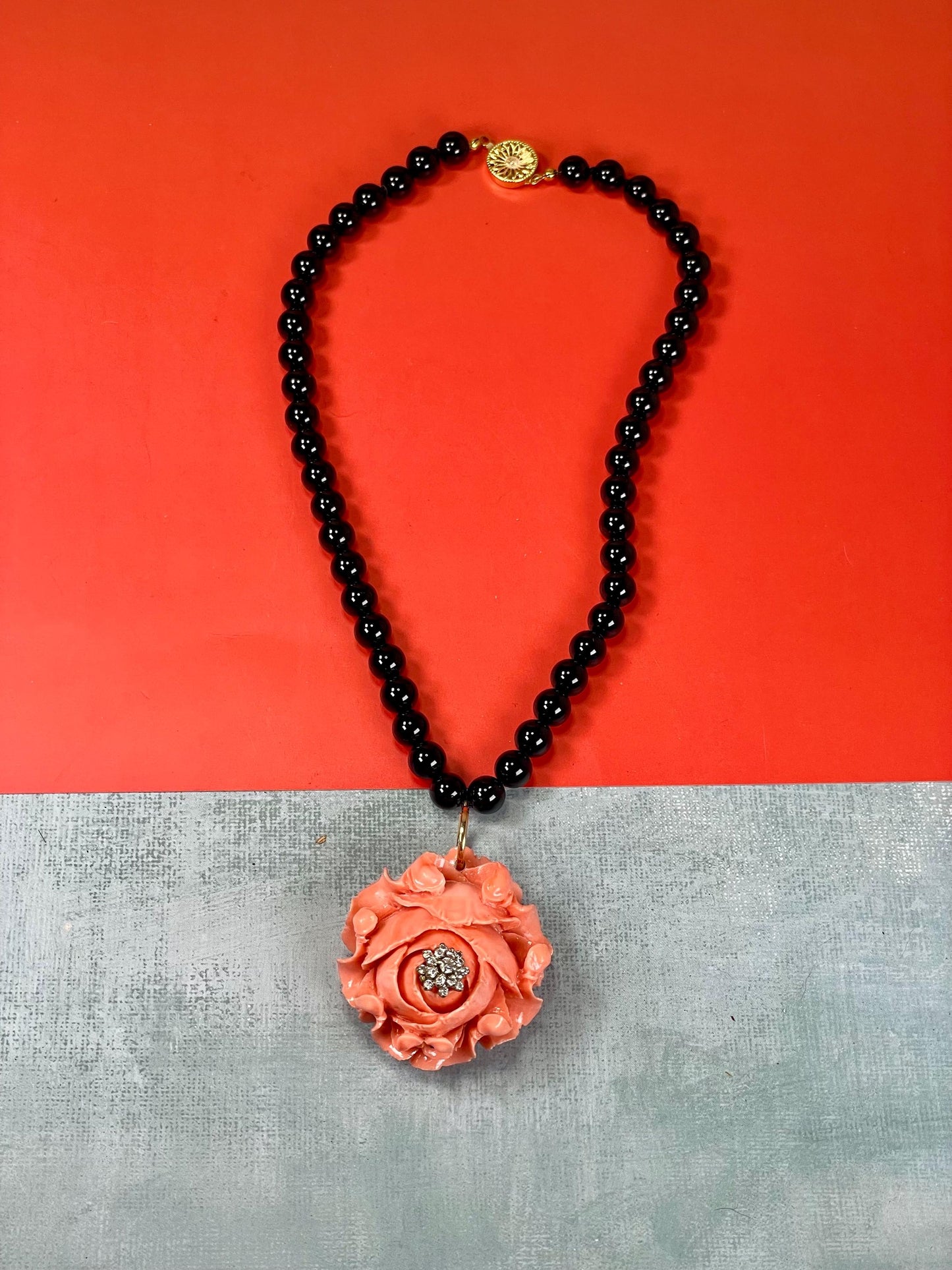 16 inch Black Glass Bead Necklace with Coral Floral Pendant  Bold Statement Necklace