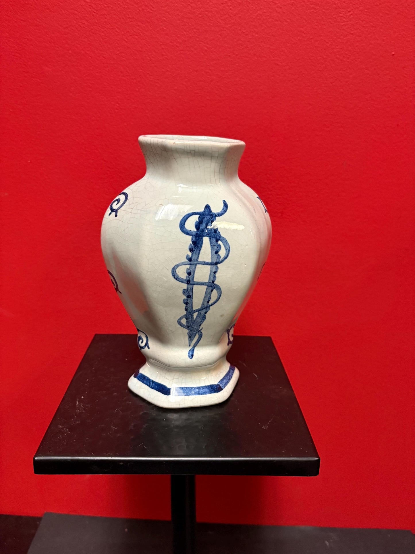 Beautiful 8 inch tall old European blue and white vase  wonderful condition and amazing imagery  wow gift -