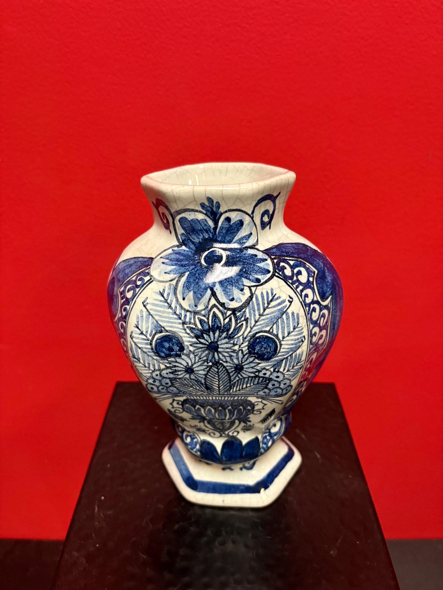 Beautiful 8 inch tall old European blue and white vase  wonderful condition and amazing imagery  wow gift -