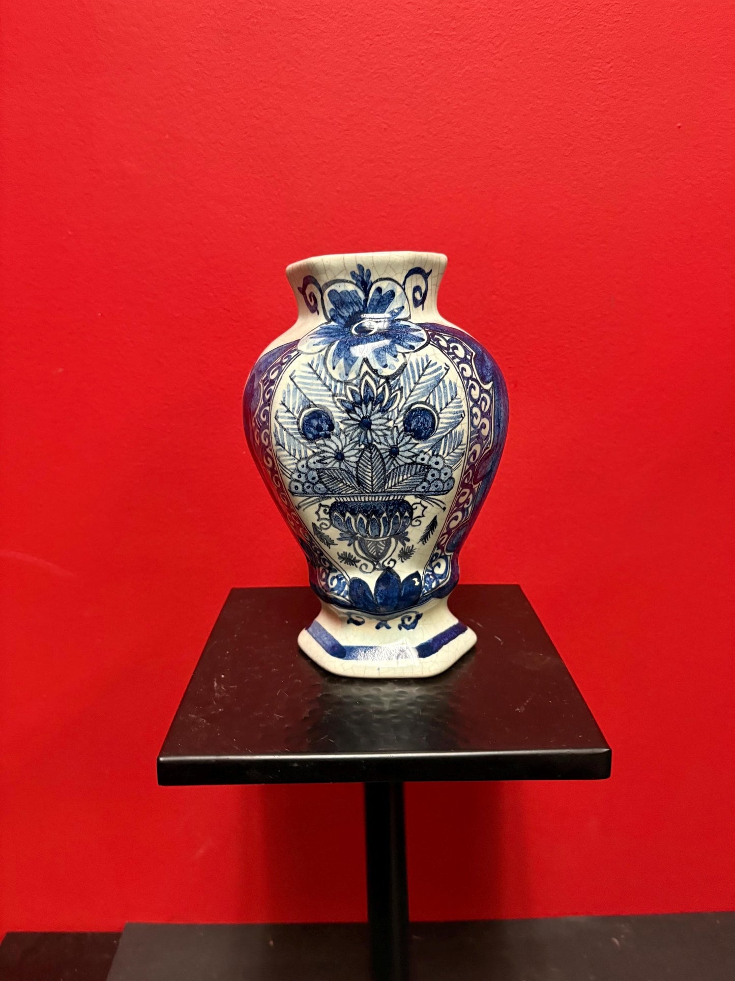 Beautiful 8 inch tall old European blue and white vase  wonderful condition and amazing imagery  wow gift -