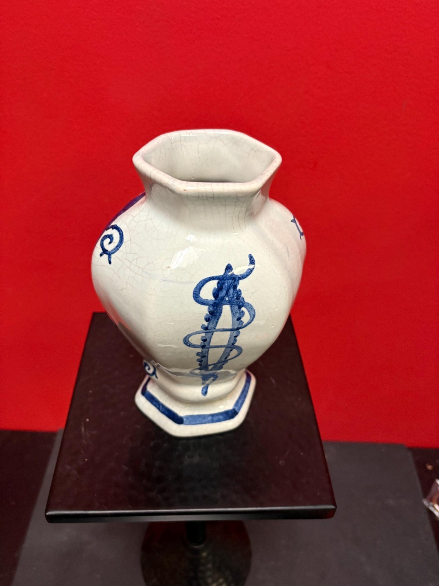 Beautiful 8 inch tall old European blue and white vase  wonderful condition and amazing imagery  wow gift -