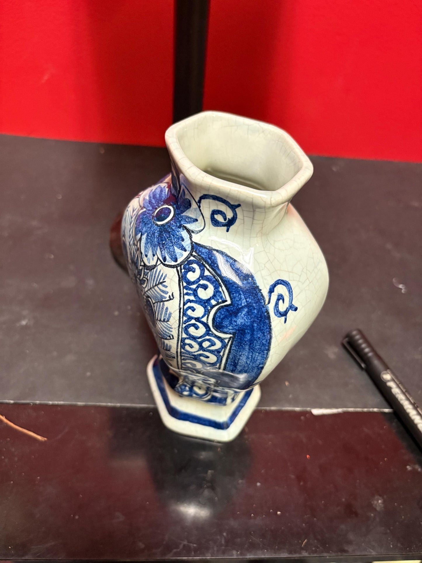 Beautiful 8 inch tall old European blue and white vase  wonderful condition and amazing imagery  wow gift -