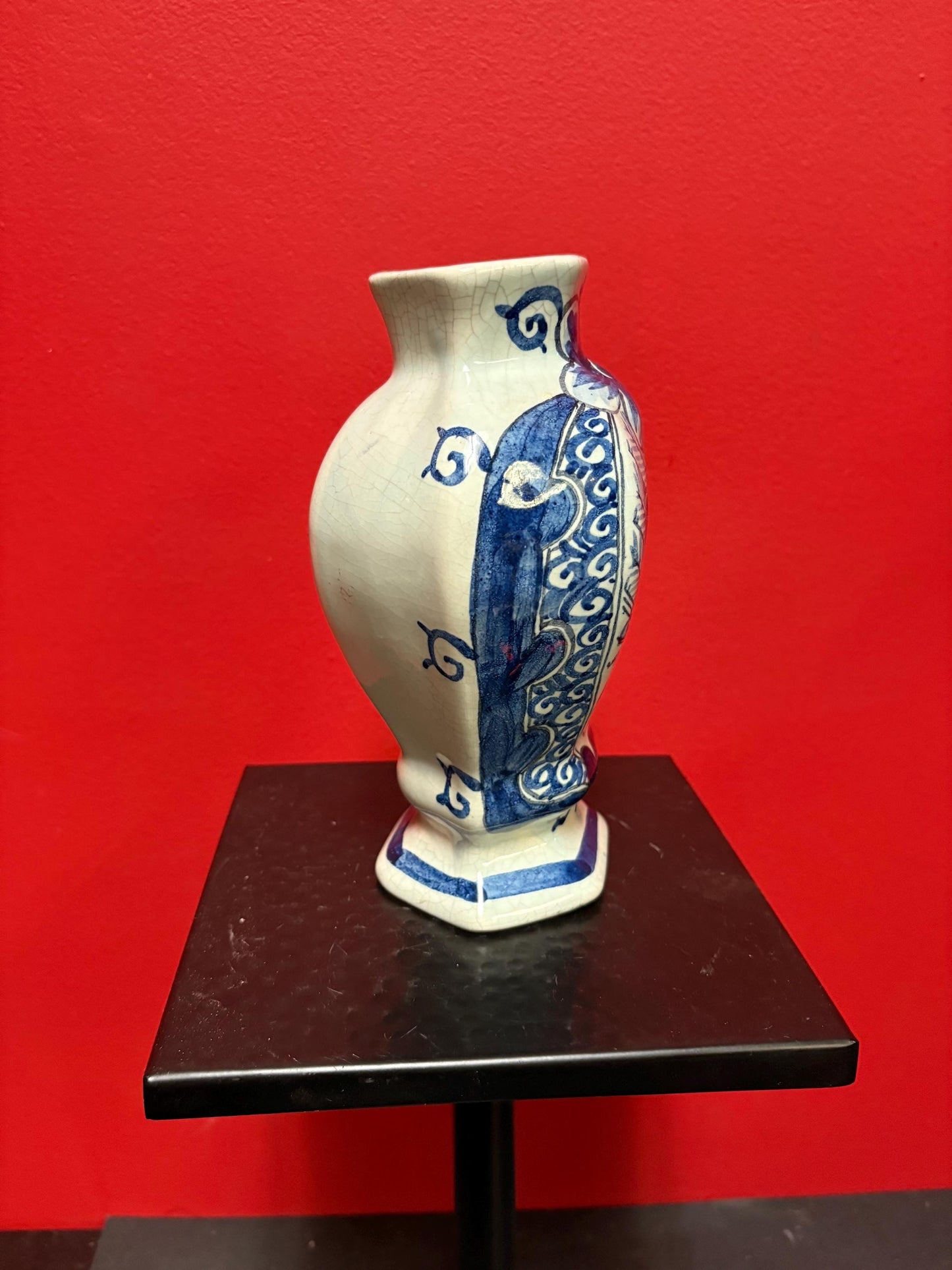 Beautiful 8 inch tall old European blue and white vase  wonderful condition and amazing imagery  wow gift -