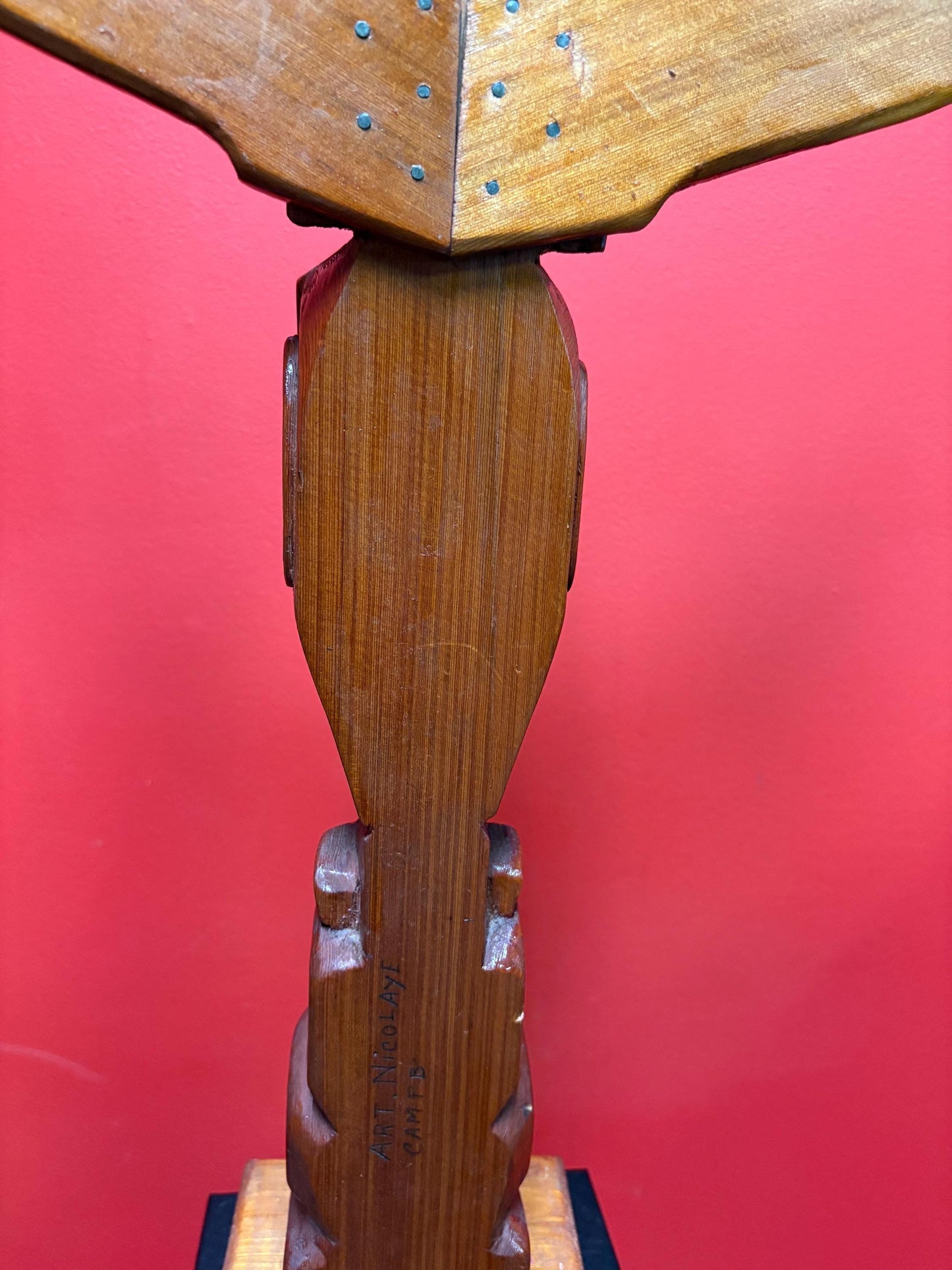 Stunning signed 23 x 13 wide indigenous first nations Pacific Northwest coast transformation totem pole with wings  incredible detail