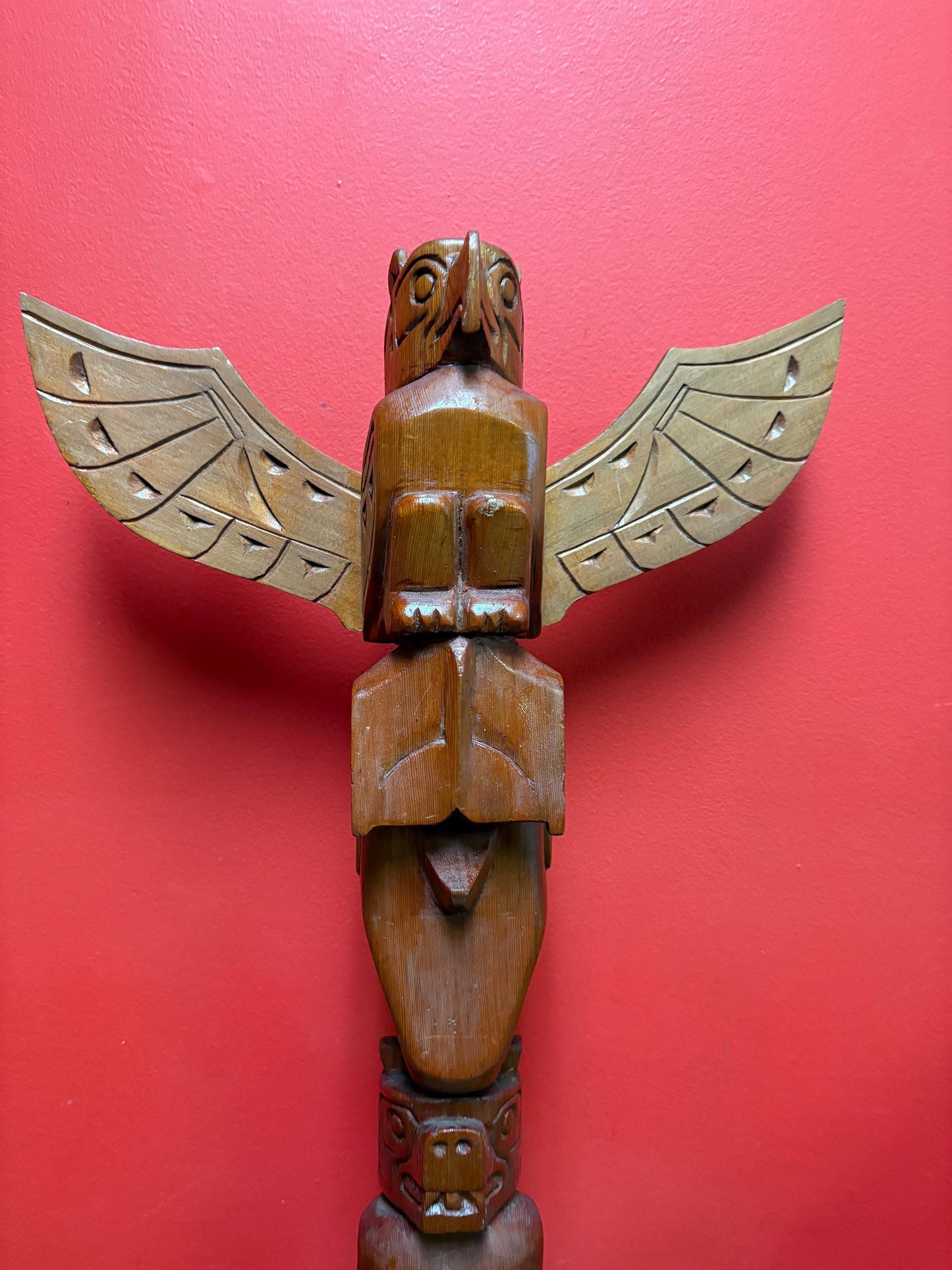 Stunning signed 23 x 13 wide indigenous first nations Pacific Northwest coast transformation totem pole with wings  incredible detail