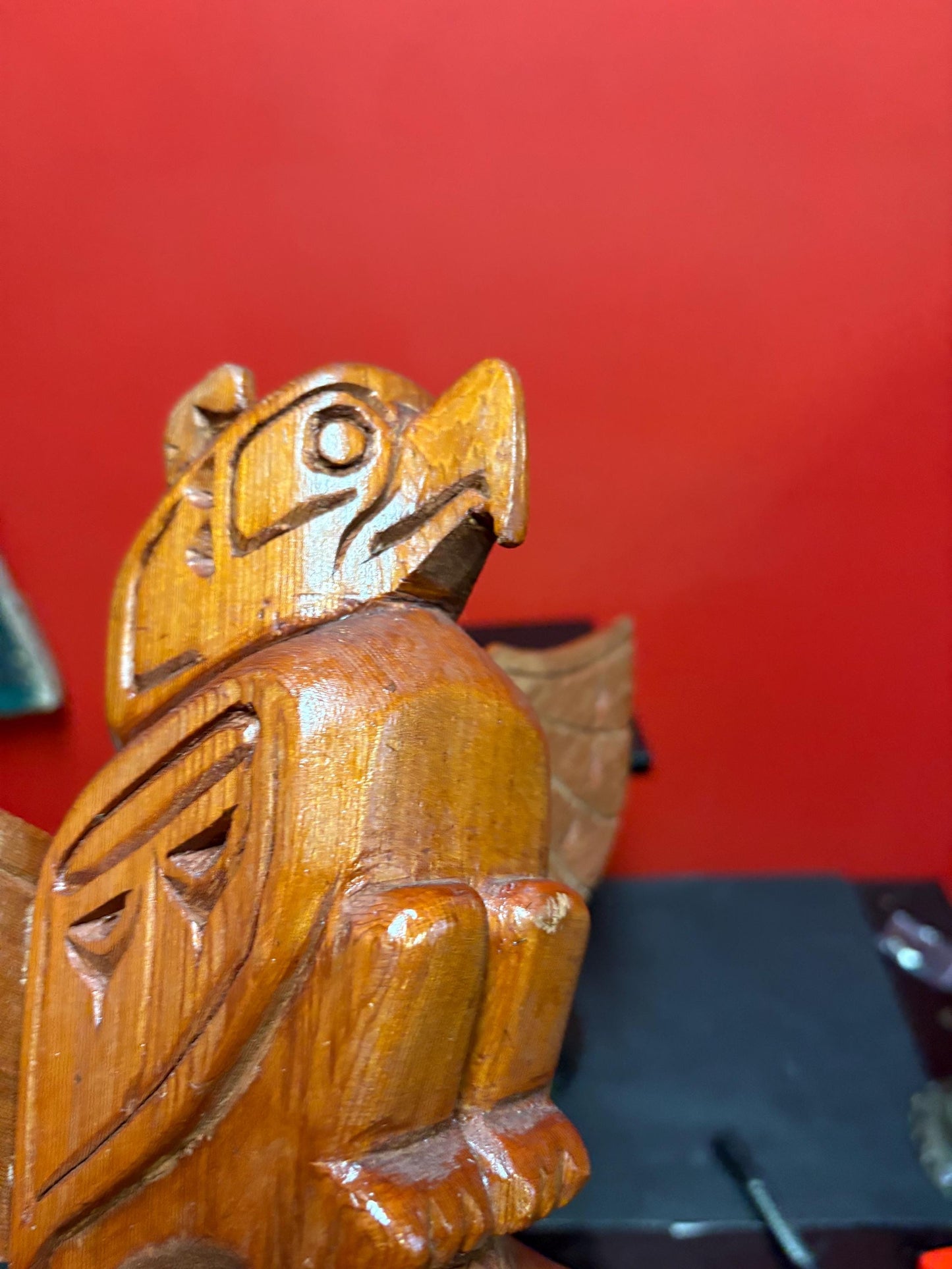 Stunning signed 23 x 13 wide indigenous first nations Pacific Northwest coast transformation totem pole with wings  incredible detail