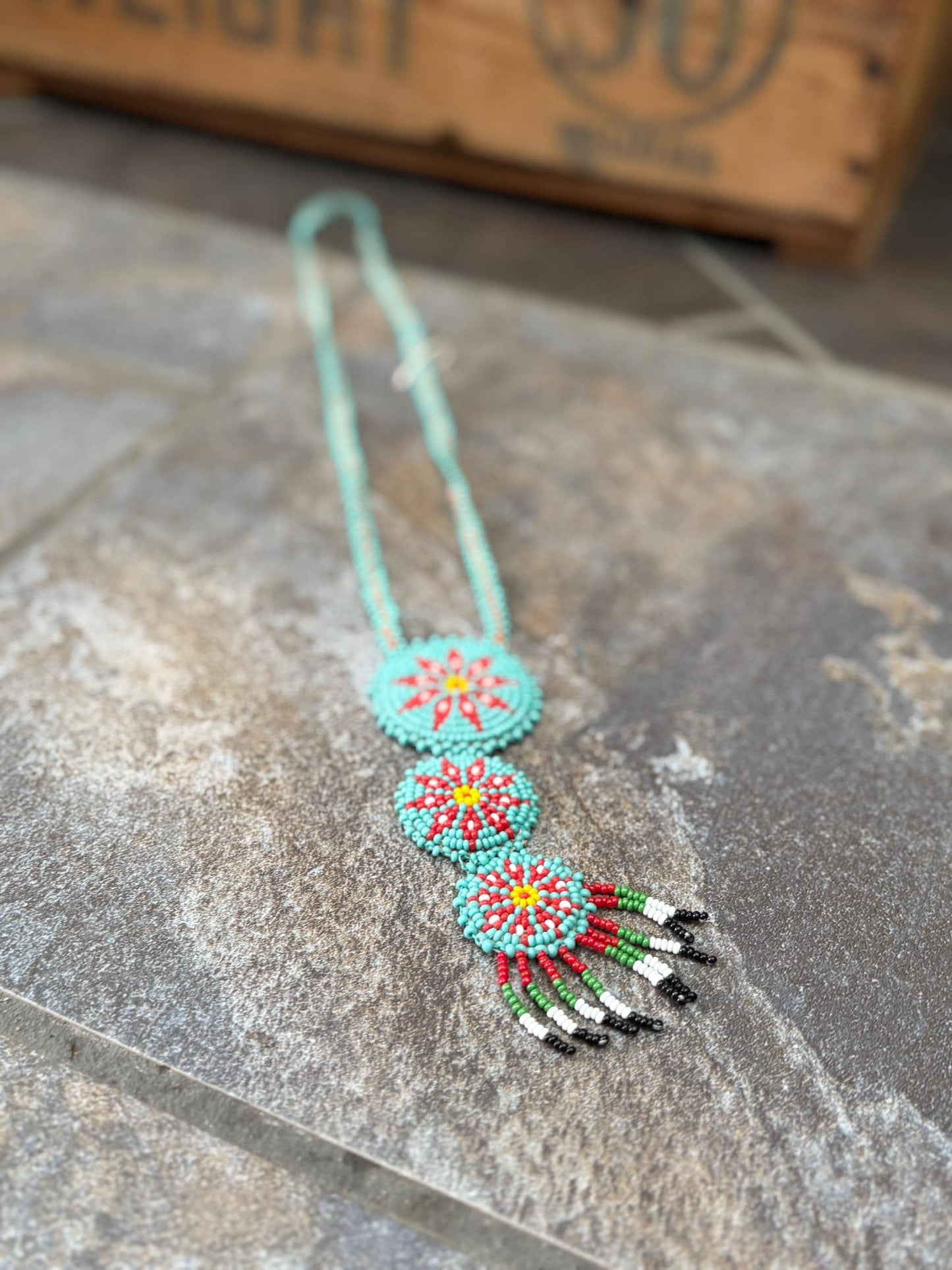 Beautiful indigenous first nation pacific northwest coast beaded necklace  approx 33 inches long total  great condition- great value