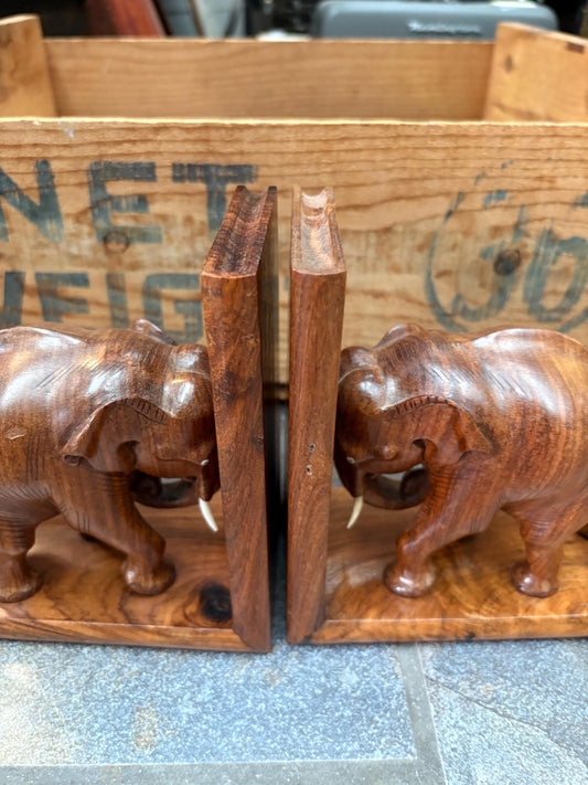 Amazing pair of Asian wood elephant bookends -  each 6 x 7 inches high  wonderful look and condition
