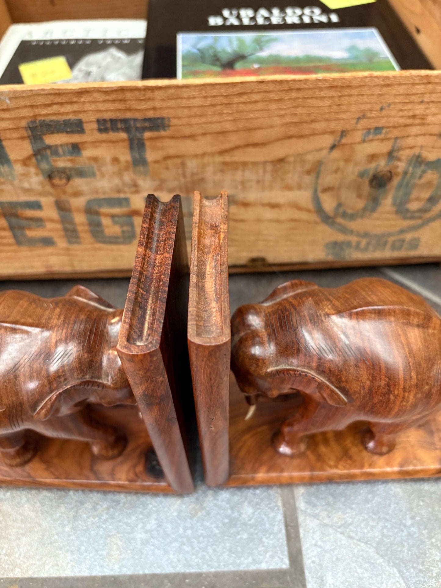 Amazing pair of Asian wood elephant bookends -  each 6 x 7 inches high  wonderful look and condition