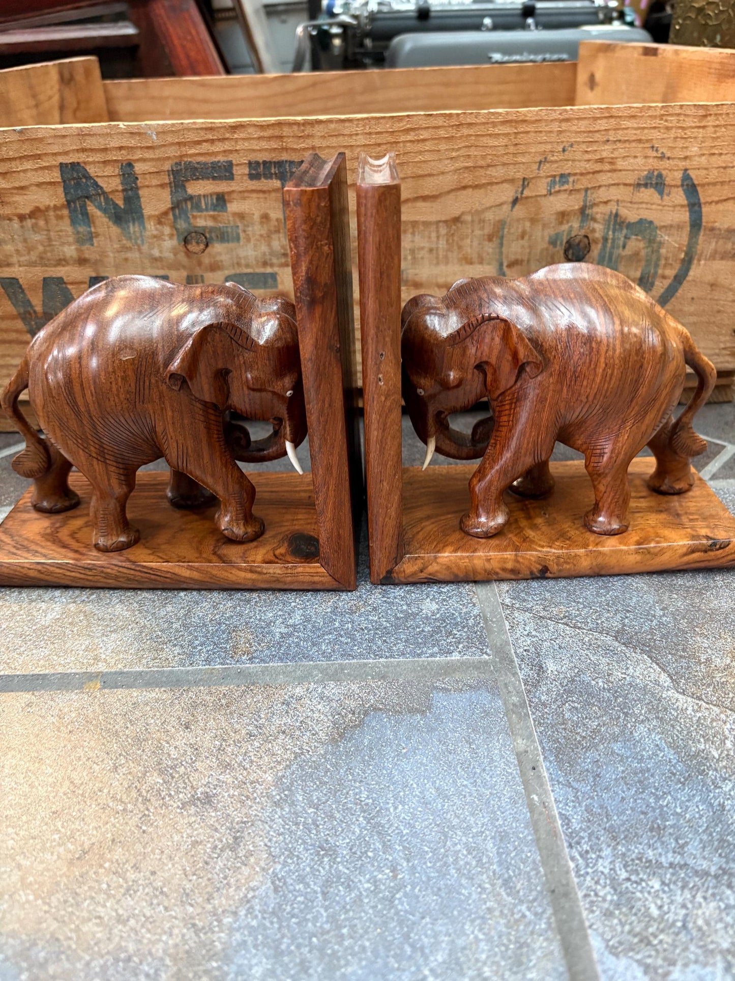 Amazing pair of Asian wood elephant bookends -  each 6 x 7 inches high  wonderful look and condition
