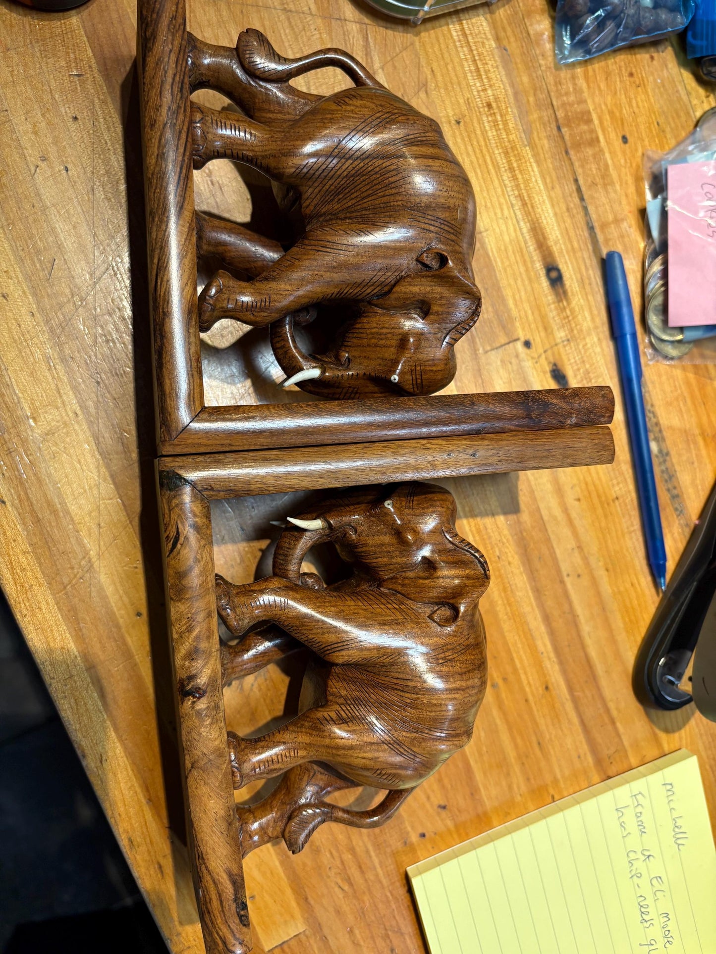 Amazing pair of Asian wood elephant bookends -  each 6 x 7 inches high  wonderful look and condition