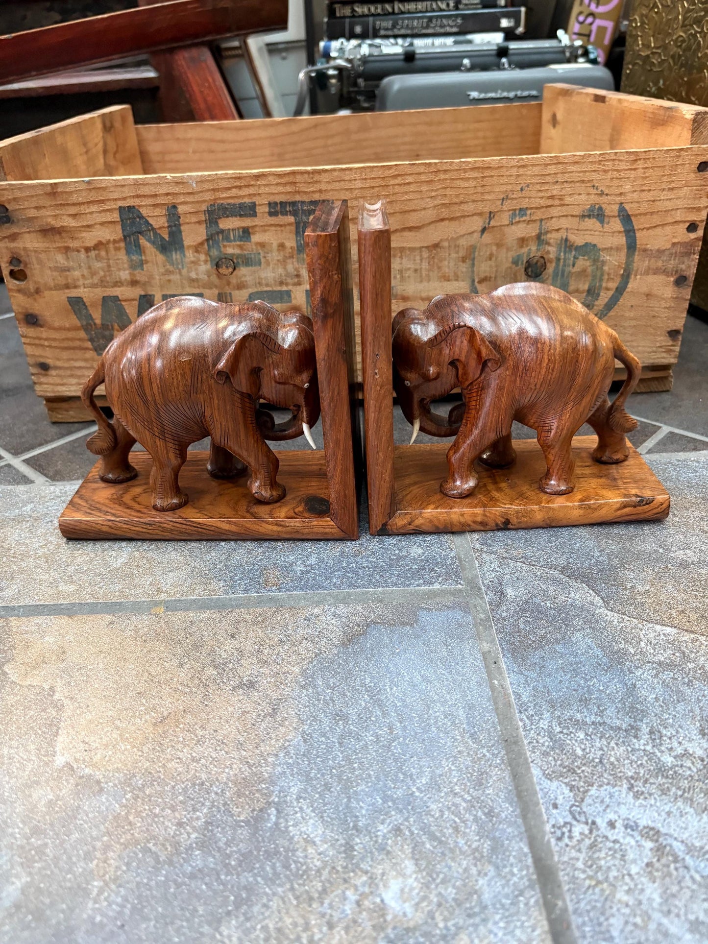 Amazing pair of Asian wood elephant bookends -  each 6 x 7 inches high  wonderful look and condition