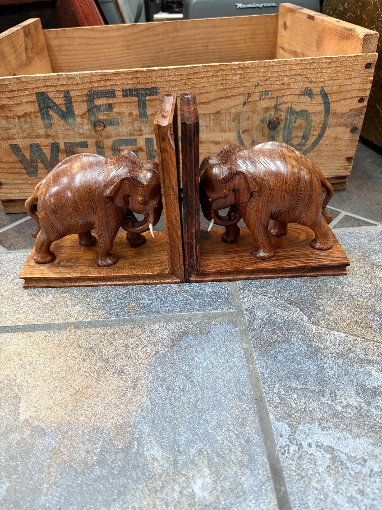 Amazing pair of Asian wood elephant bookends -  each 6 x 7 inches high  wonderful look and condition
