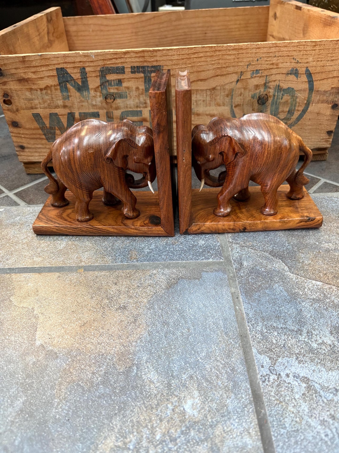 Amazing pair of Asian wood elephant bookends -  each 6 x 7 inches high  wonderful look and condition