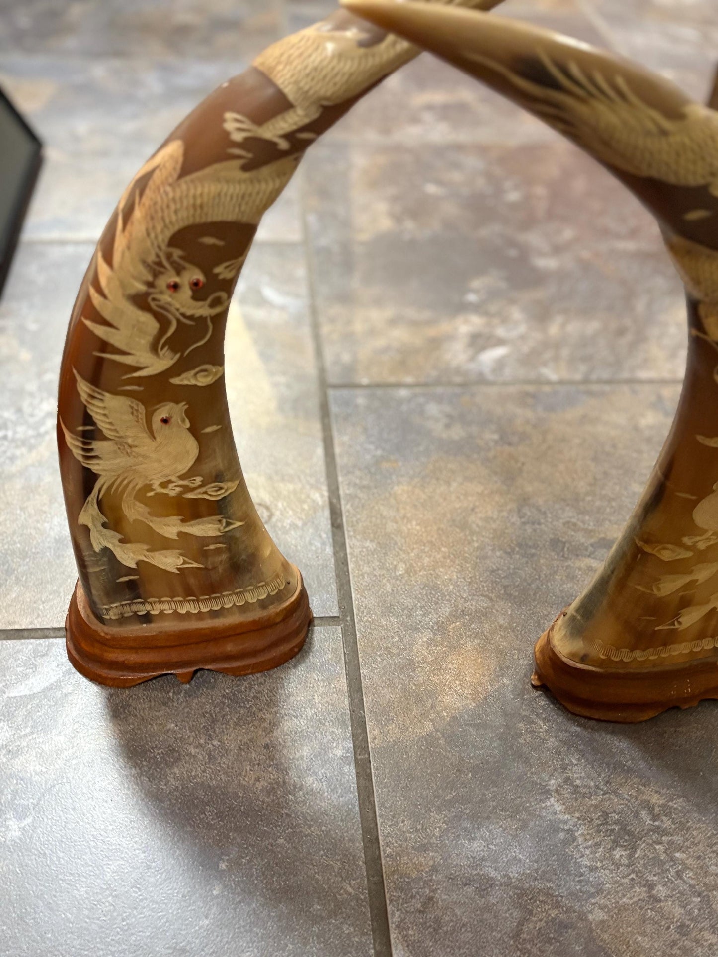 Large pair water Buffalo Chinese horns with animal imagery  approx 16 x 5 inch - great look and amazing price