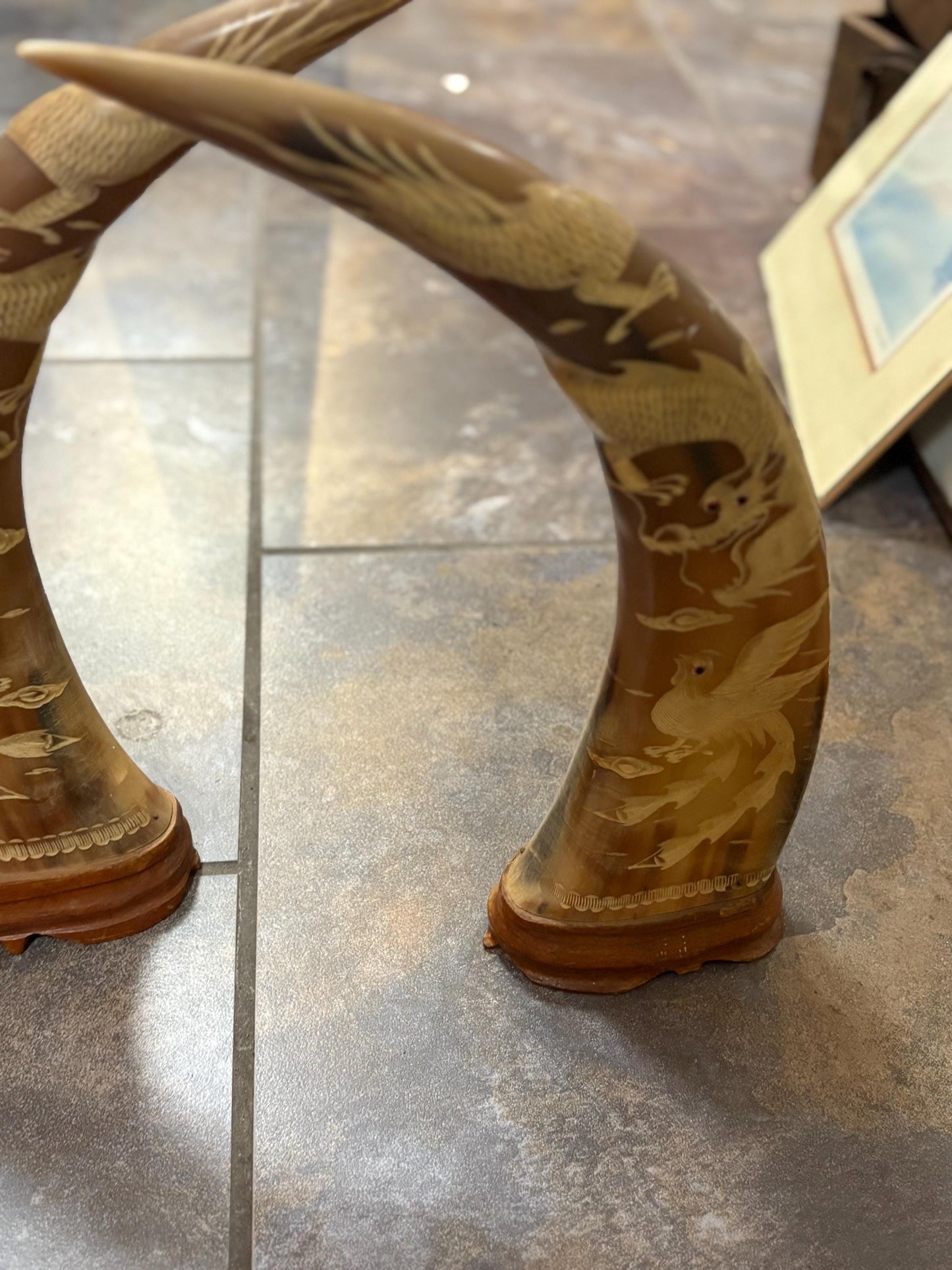 Large pair water Buffalo Chinese horns with animal imagery  approx 16 x 5 inch - great look and amazing price