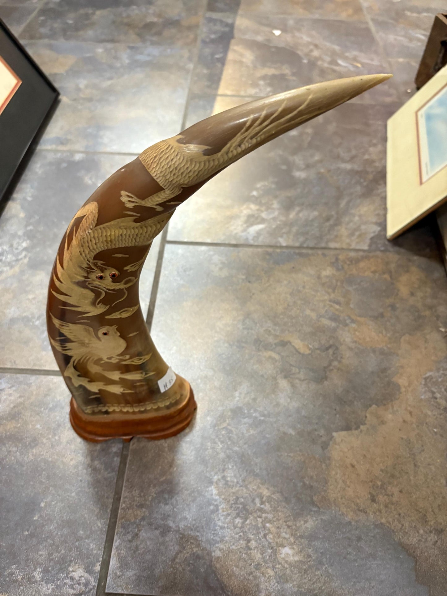 Large pair water Buffalo Chinese horns with animal imagery  approx 16 x 5 inch - great look and amazing price