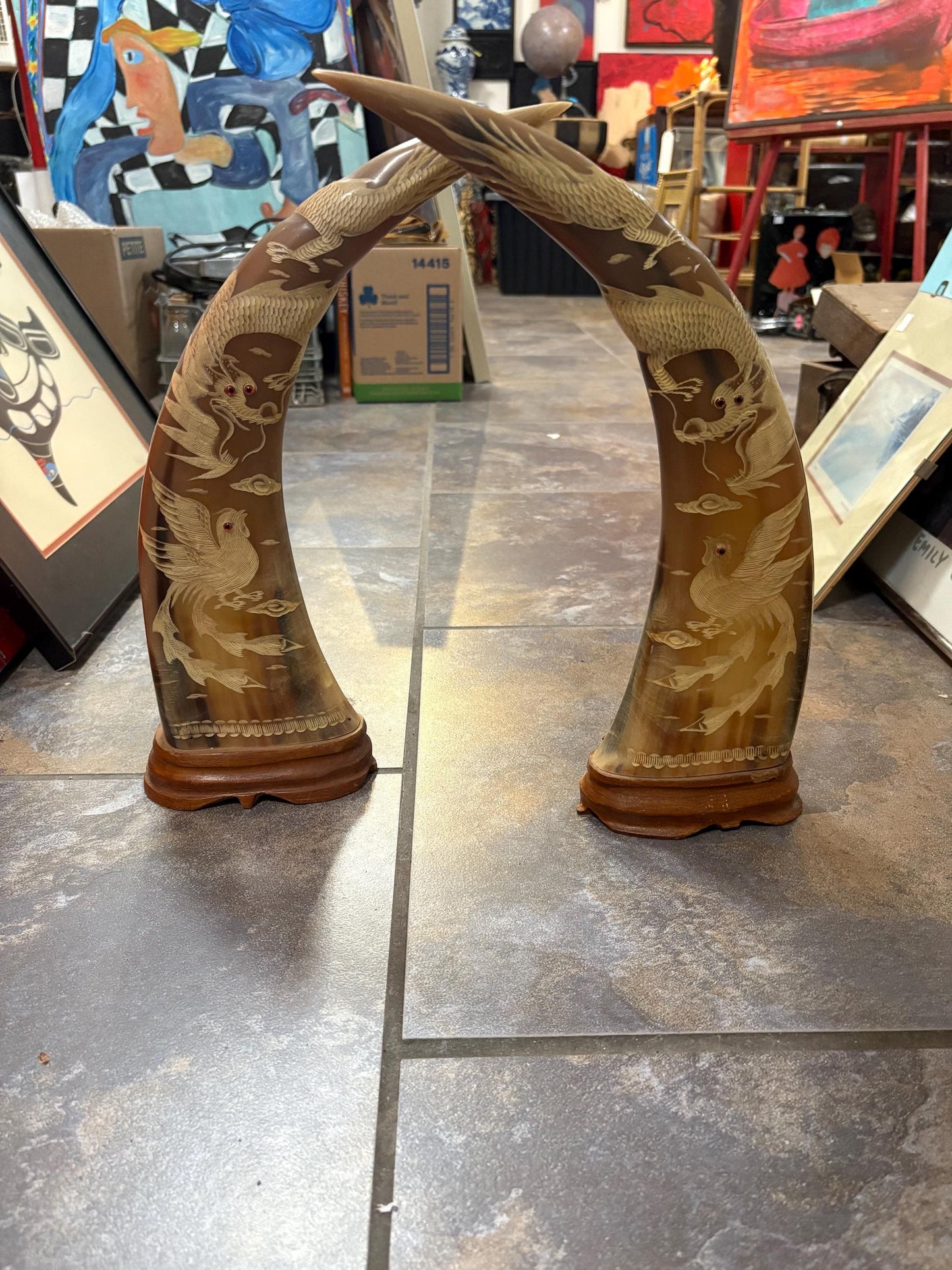 Large pair water Buffalo Chinese horns with animal imagery  approx 16 x 5 inch - great look and amazing price
