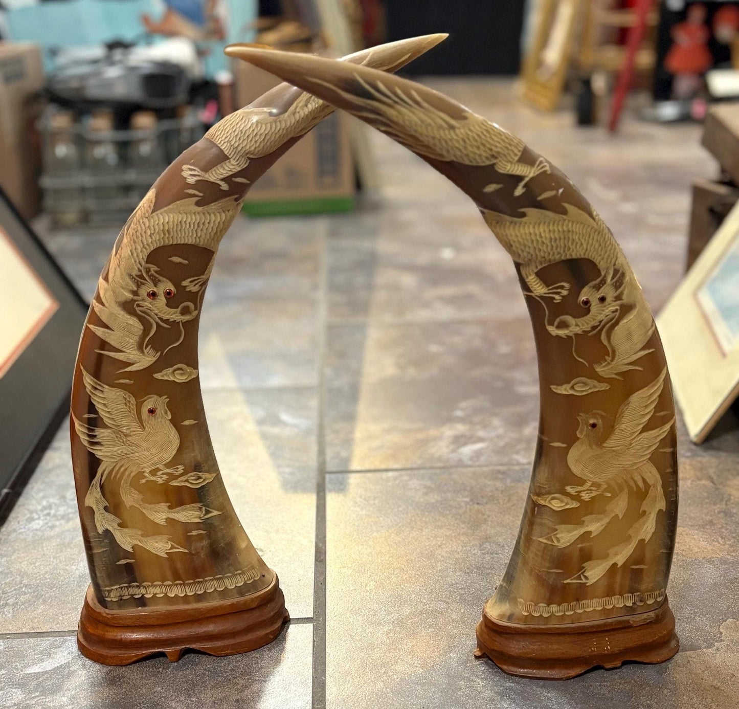 Large pair water Buffalo Chinese horns with animal imagery  approx 16 x 5 inch - great look and amazing price