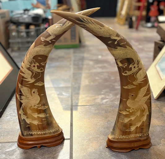 Large pair water Buffalo Chinese horns with animal imagery  approx 16 x 5 inch - great look and amazing price